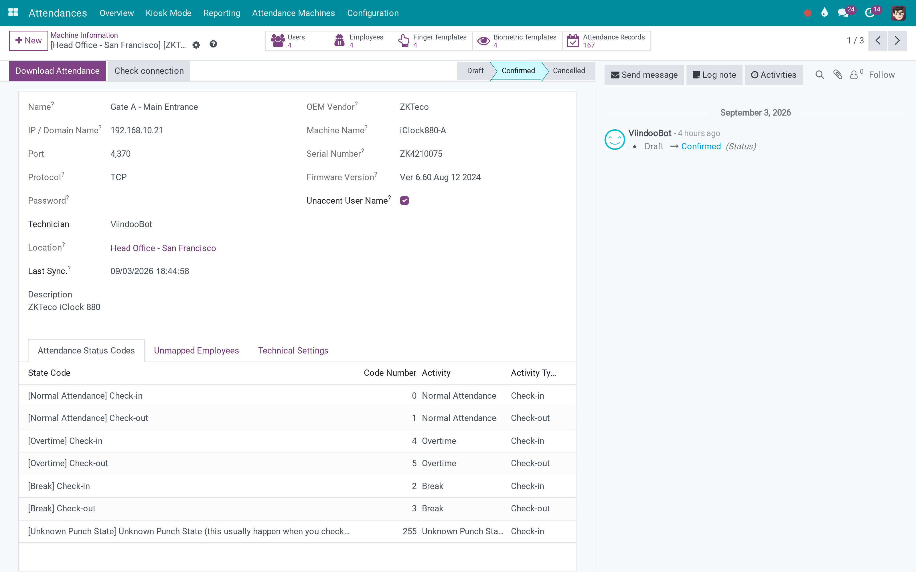 Connection settings on the machine form