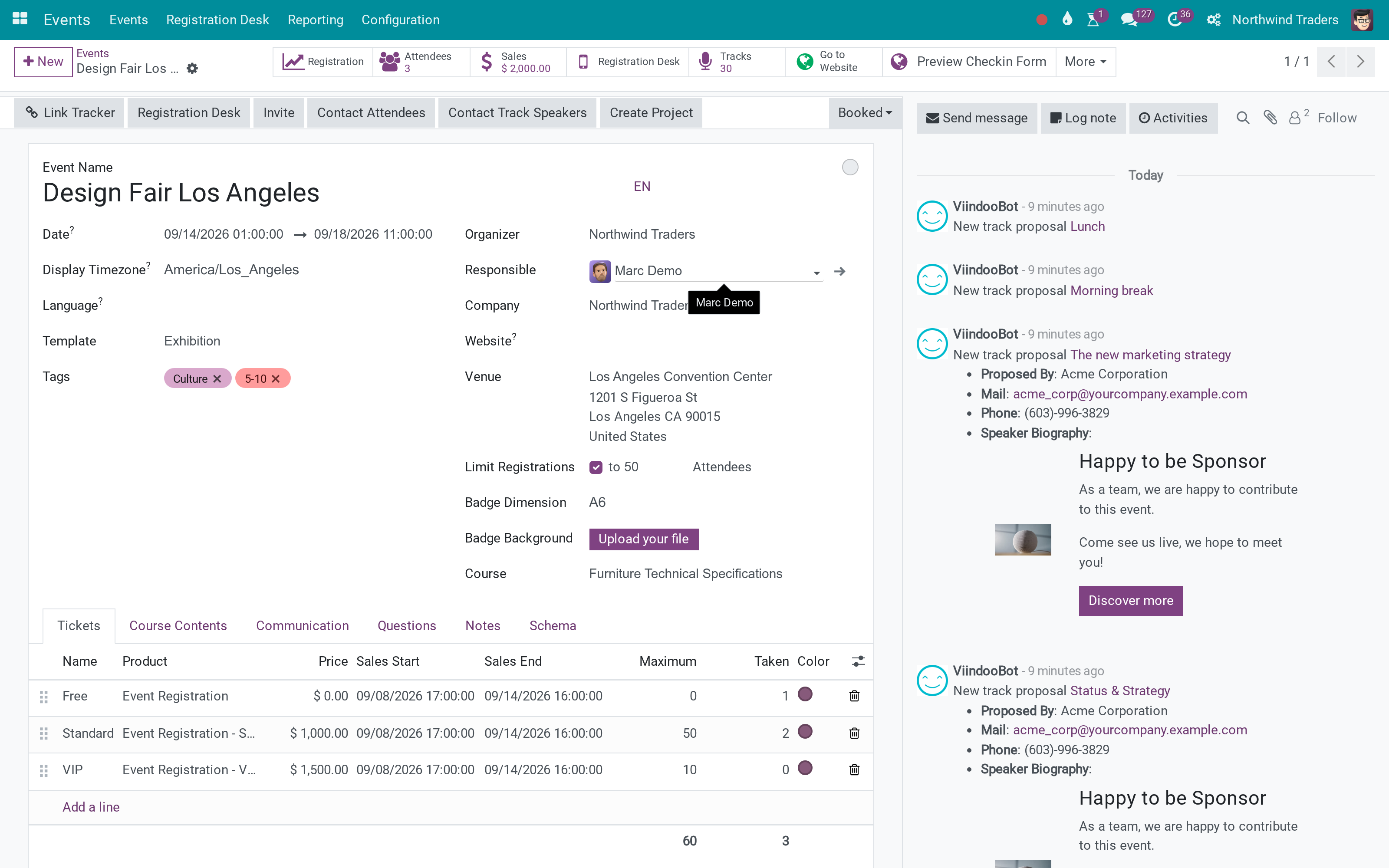 Events that teach a course: contents on the event and its tracks