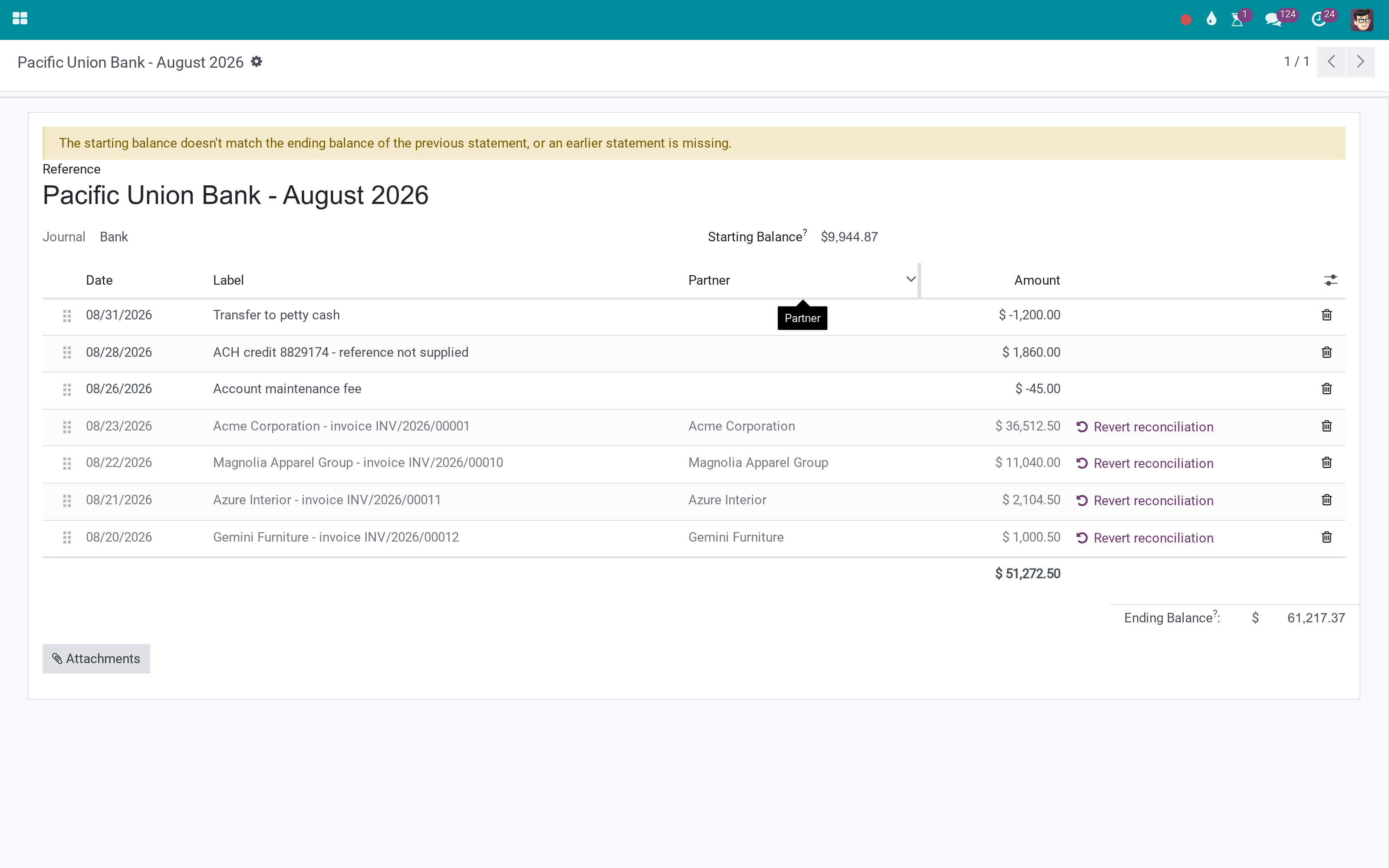 Counterpart accounts and the reconciliation widget, loaded in the right order