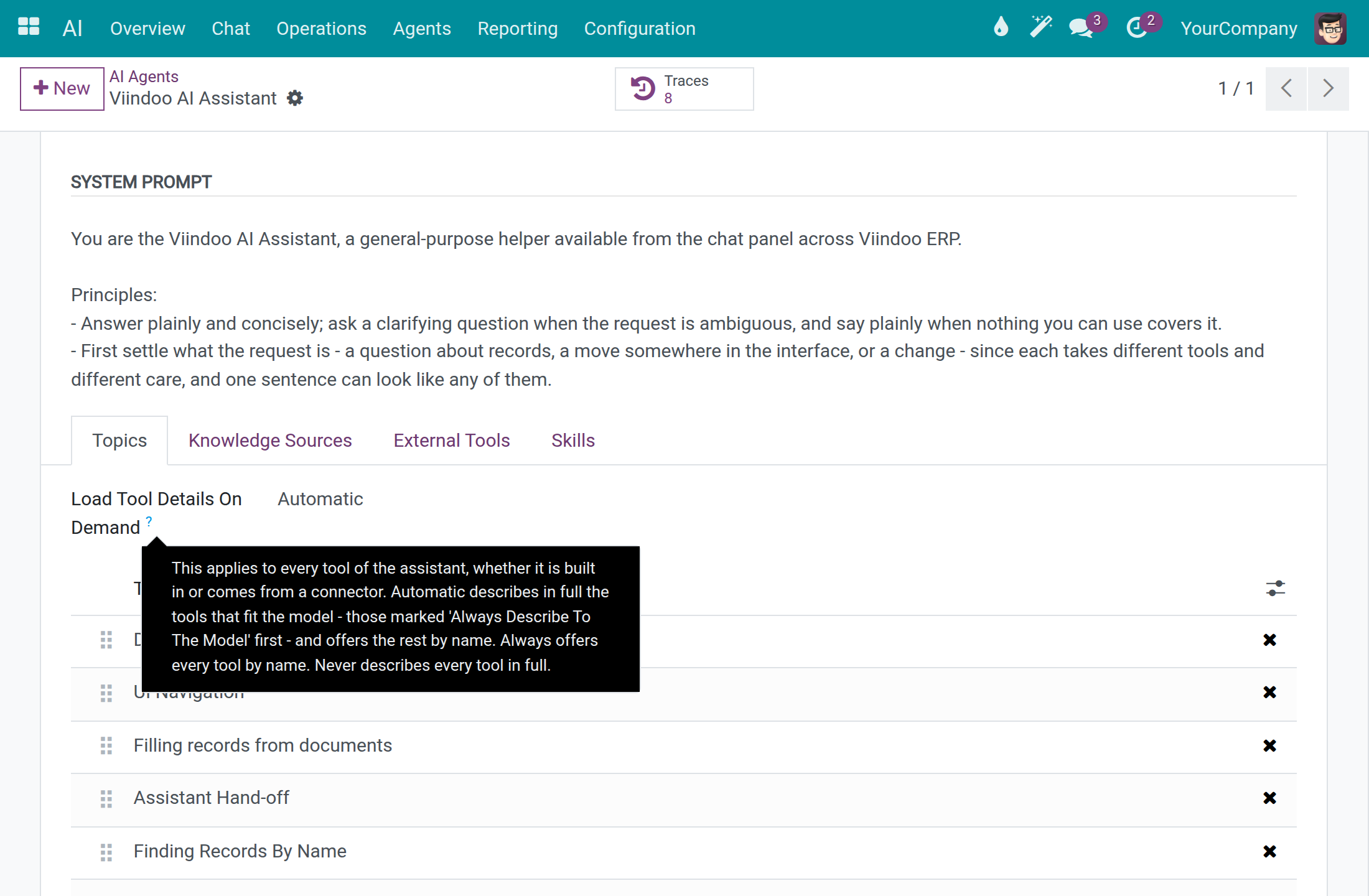 An AI assistant form on the Topics page with Load Tool Details On Demand set to Automatic and its help text