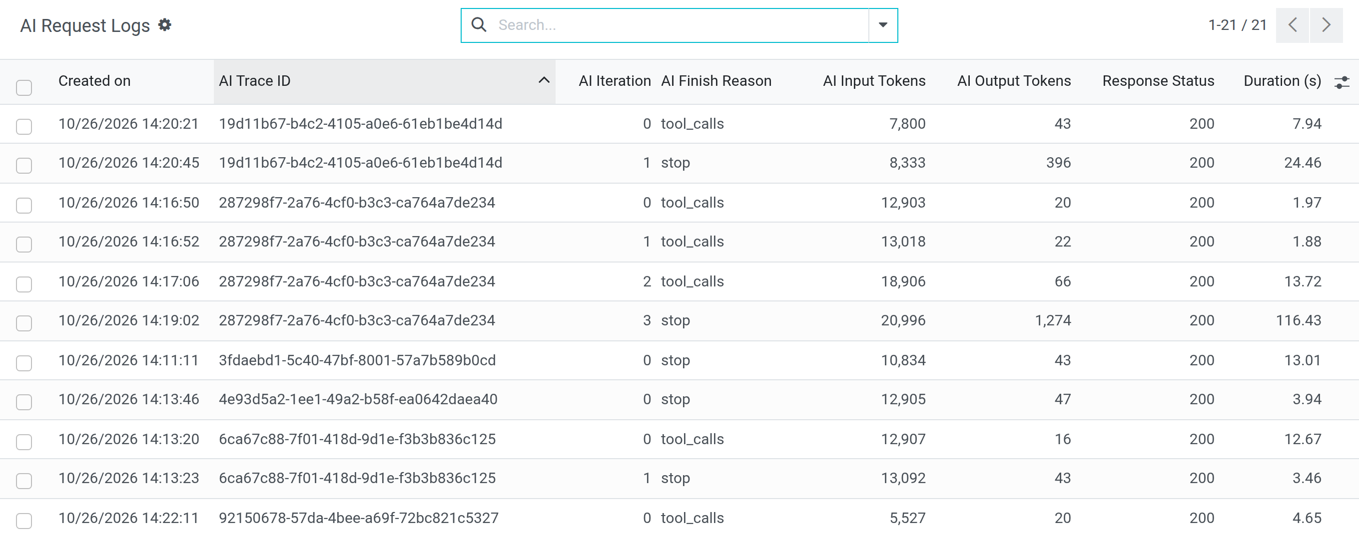 The AI Request Logs list with trace id, iteration, finish reason, tokens, status and duration