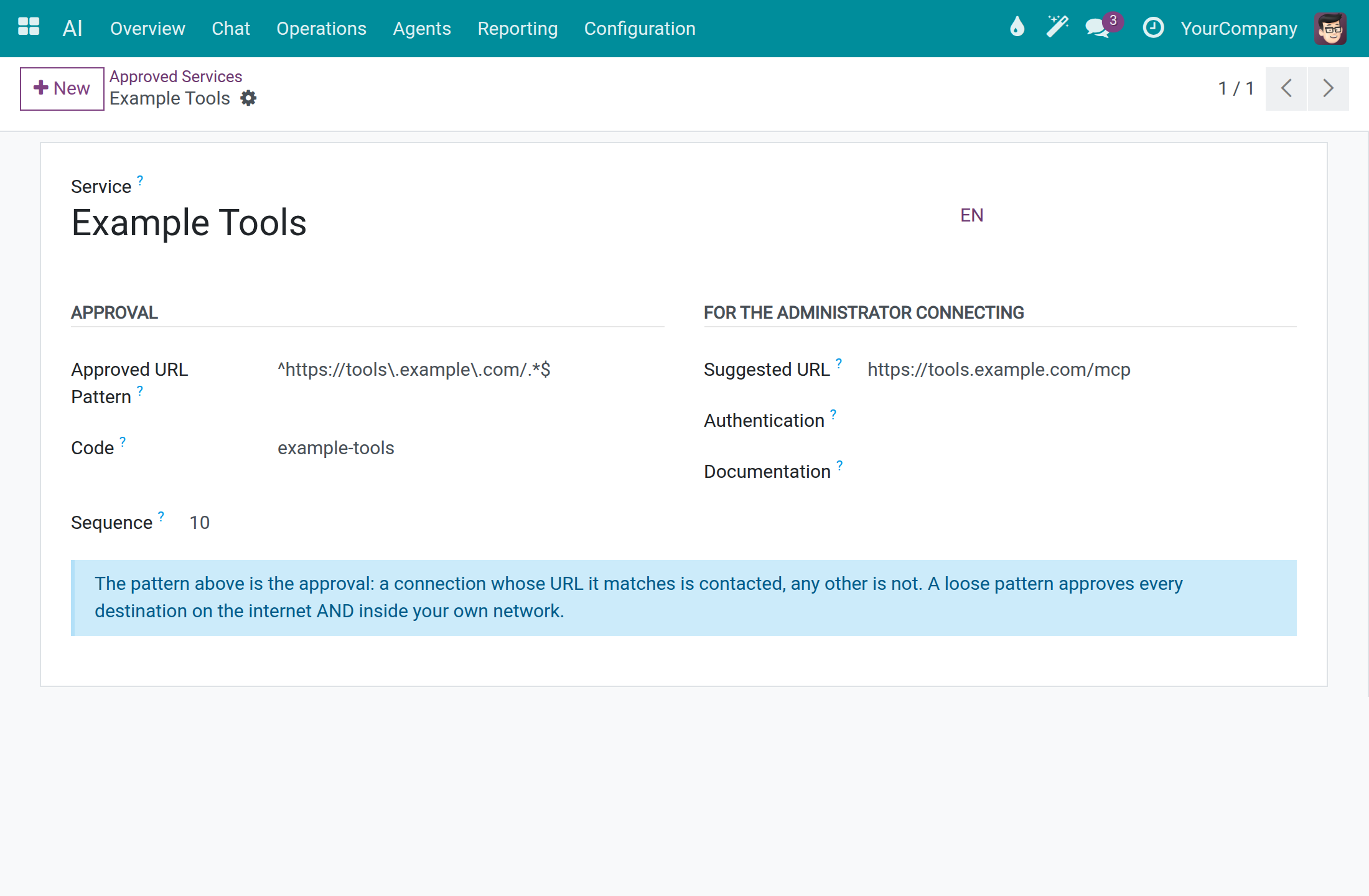 An approved external service with its address pattern and a note on how the approval works