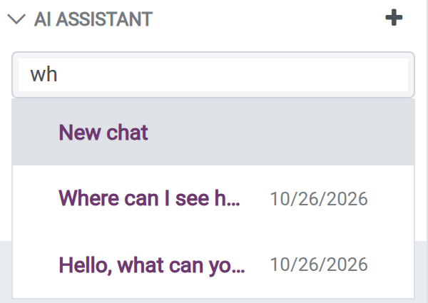 The Find or start an AI chat selector listing New chat and earlier conversations with the date of their last message