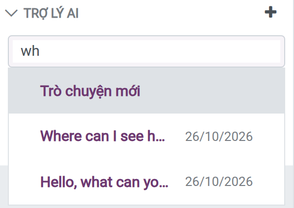 Ô Tìm hoặc bắt đầu một cuộc trò chuyện AI liệt kê Trò chuyện mới và các cuộc trò chuyện trước kèm ngày tin nhắn cuối