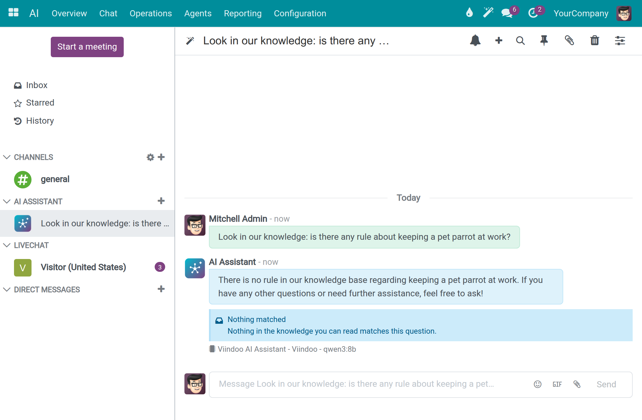 An AI conversation in Discuss with the Nothing matched card under the answer