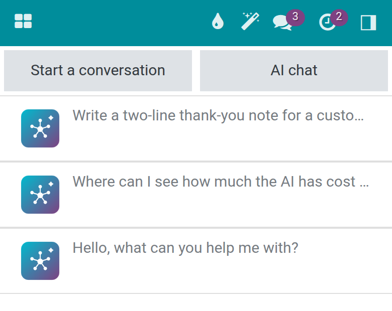 The chat tab on a phone with the Start a conversation and AI chat buttons above the AI conversations