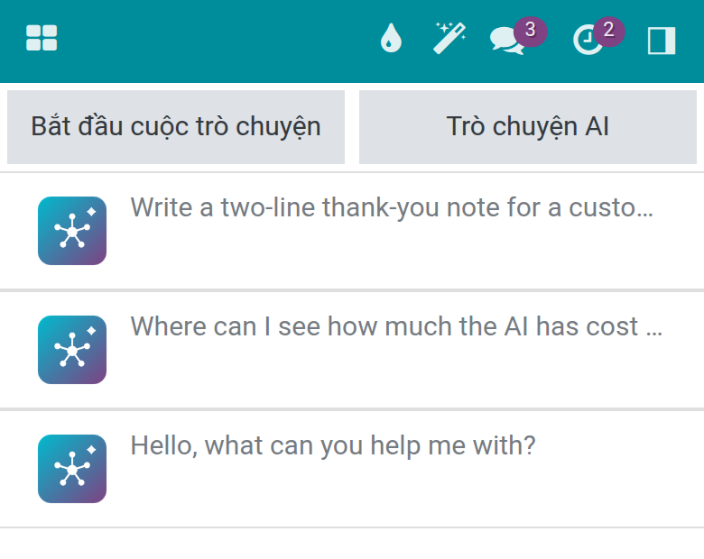 Tab trò chuyện trên điện thoại với các nút Bắt đầu cuộc trò chuyện và Trò chuyện AI phía trên các cuộc trò chuyện AI