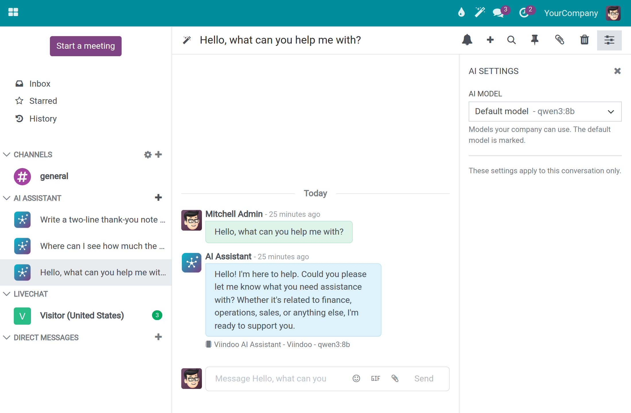 An AI conversation in Discuss with the AI Settings panel and its AI model field