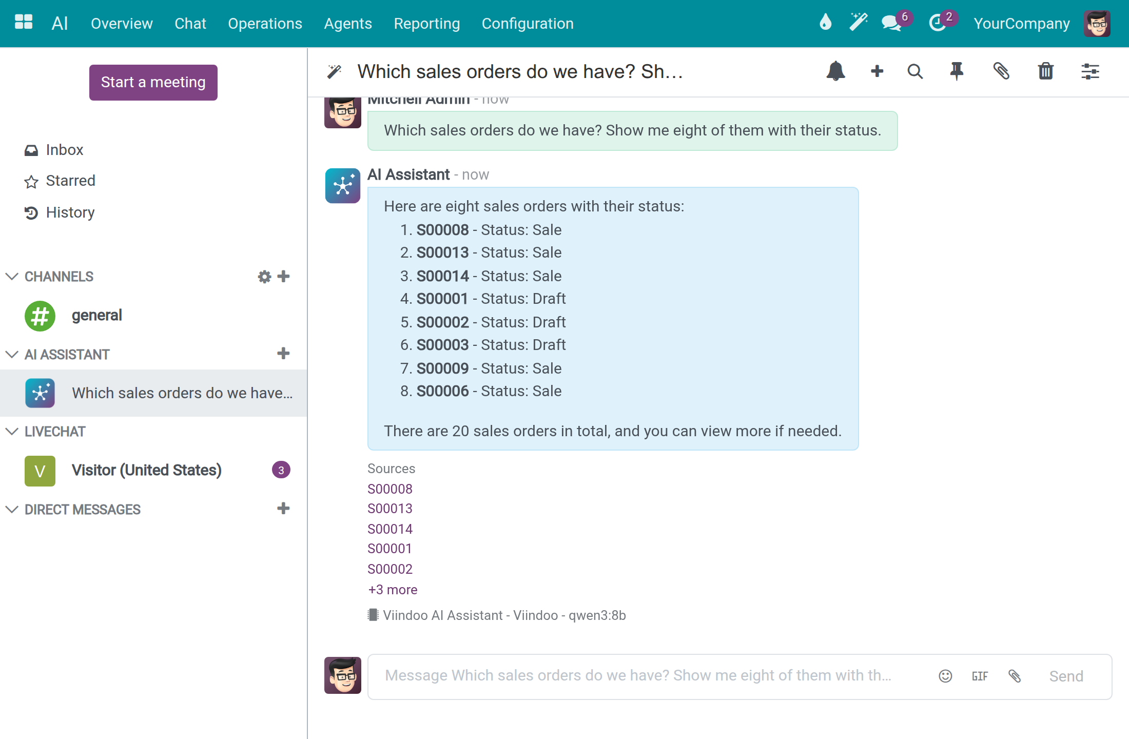 An AI answer in Discuss with a Sources list of five record links and a +3 more link under it