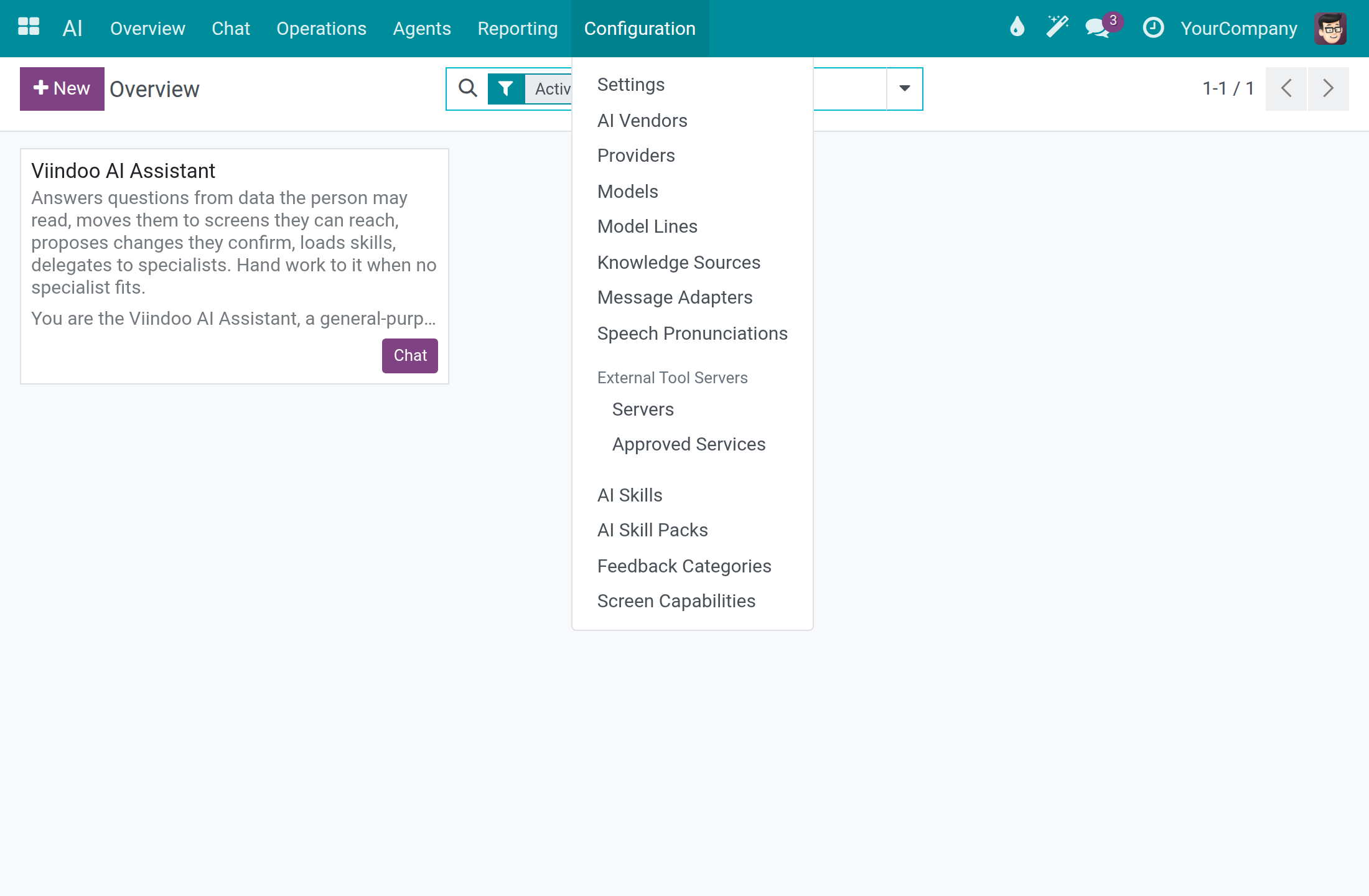 The Configuration menu of the AI app with Settings, AI Vendors, Providers, Models and the other lists