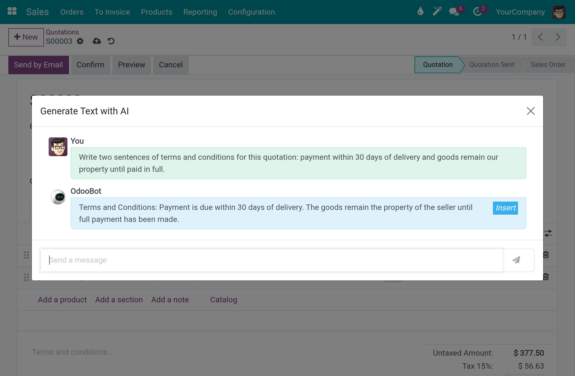 The dialog Generate Text with AI with a request, the reply and the Insert button