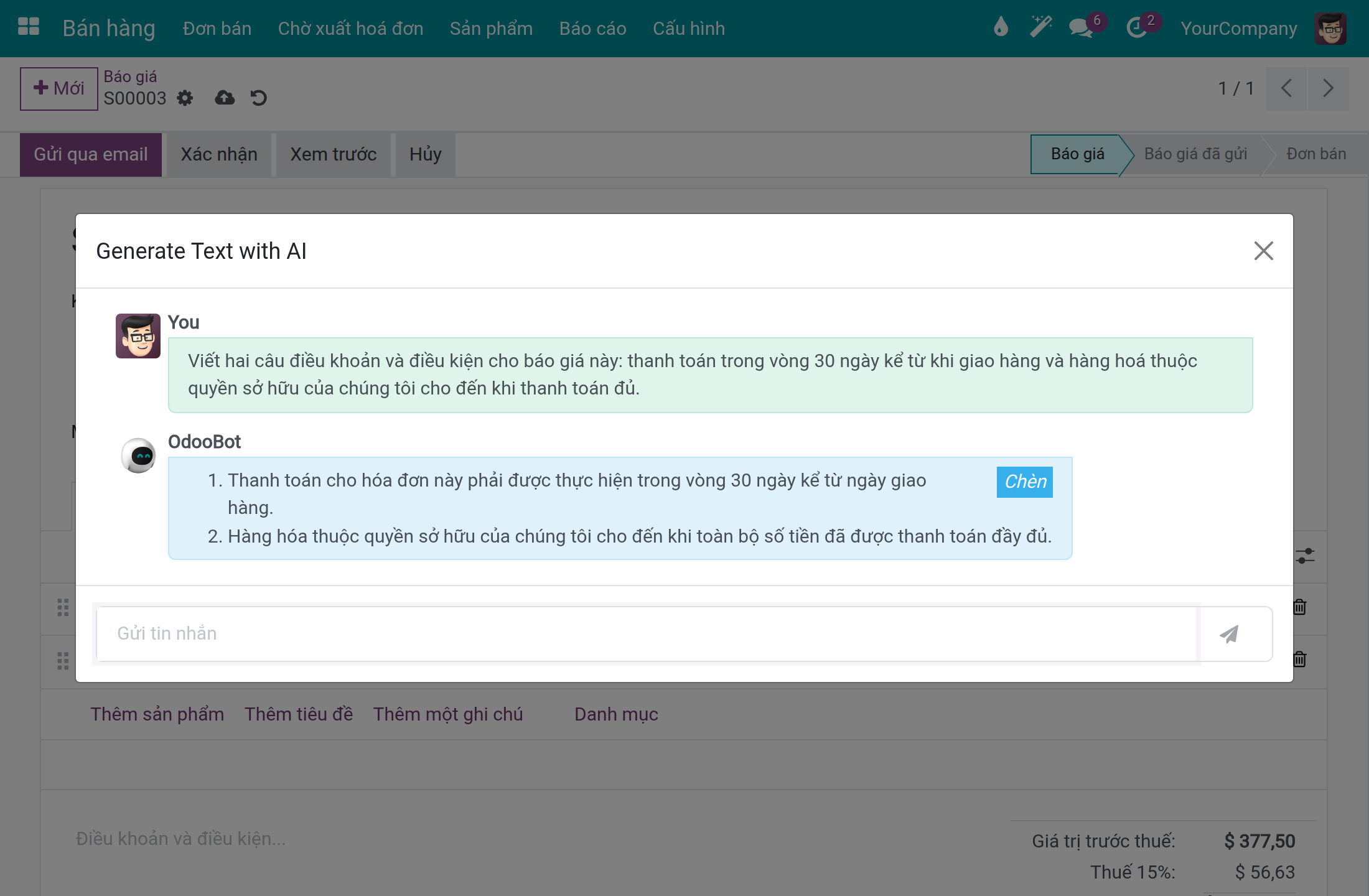 Hộp thoại Generate Text with AI với yêu cầu, câu trả lời và nút Chèn