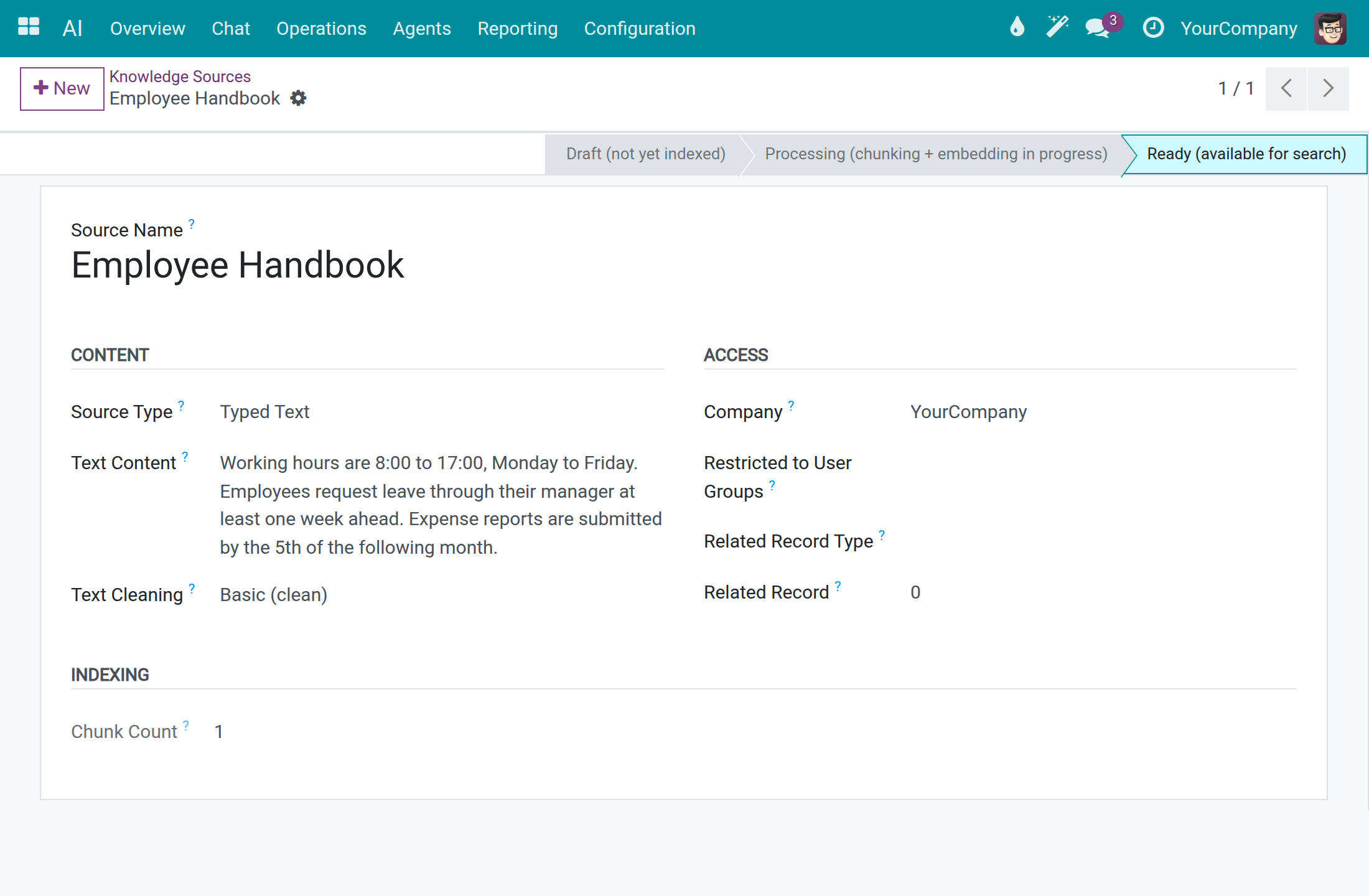 A knowledge source in the Ready status with its text and access settings