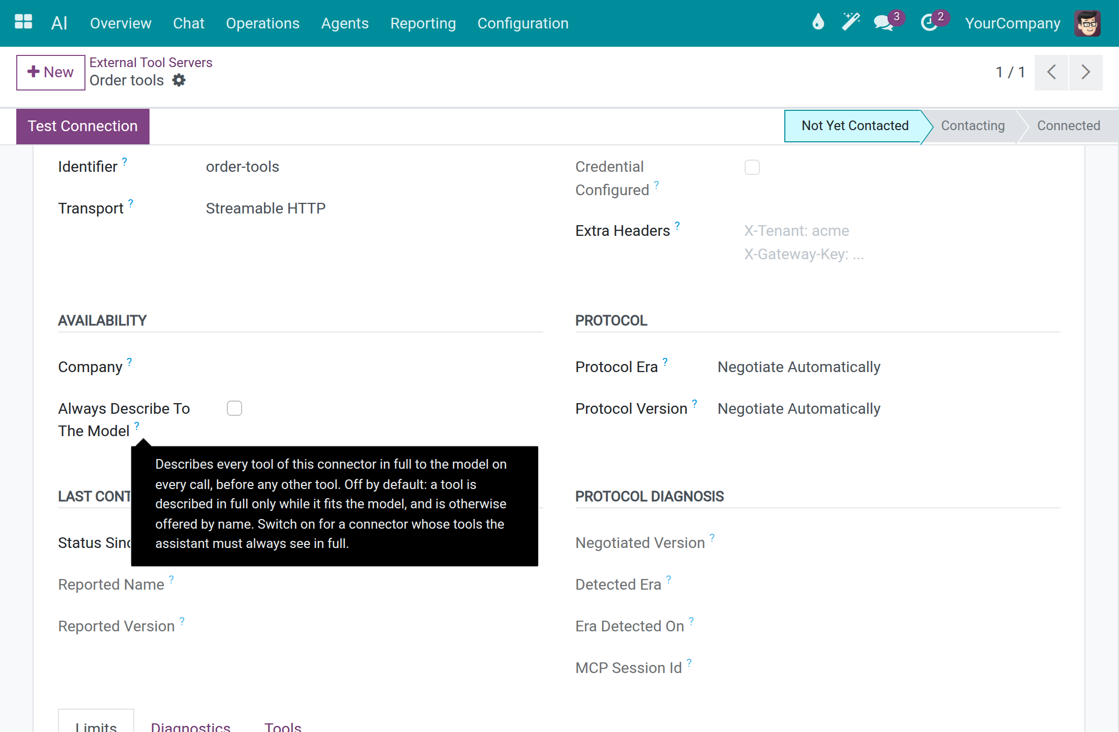 An external tool connector with the Always Describe To The Model option and its help text