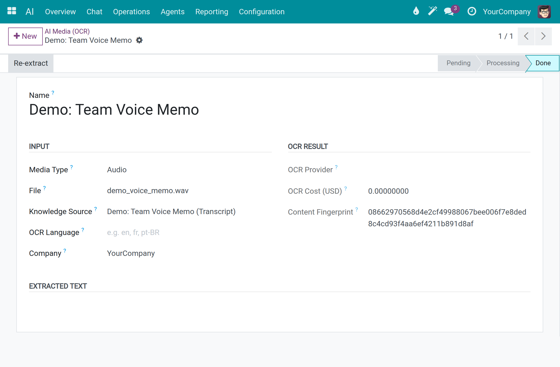 A media record with the file, the status bar and the OCR result