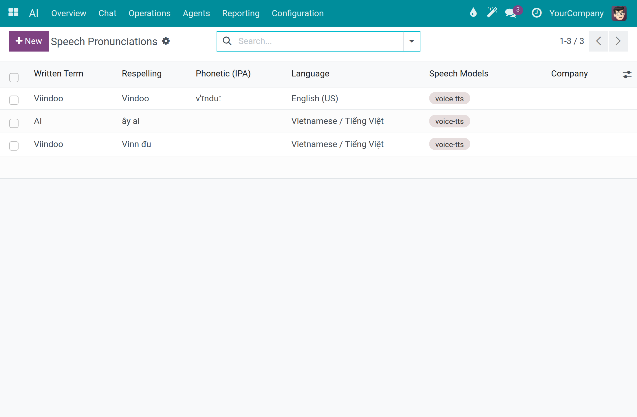 The speech pronunciation list with written terms, respellings and languages
