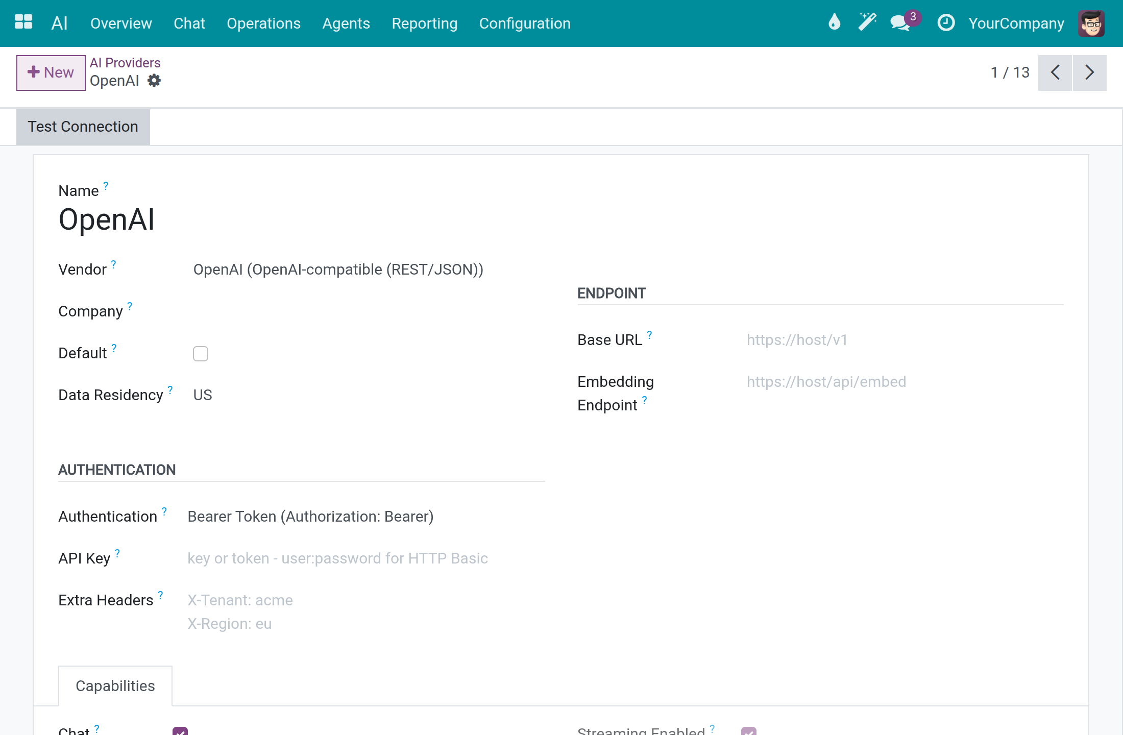 The connection form of OpenAI with the Data Residency, Authentication and API Key fields