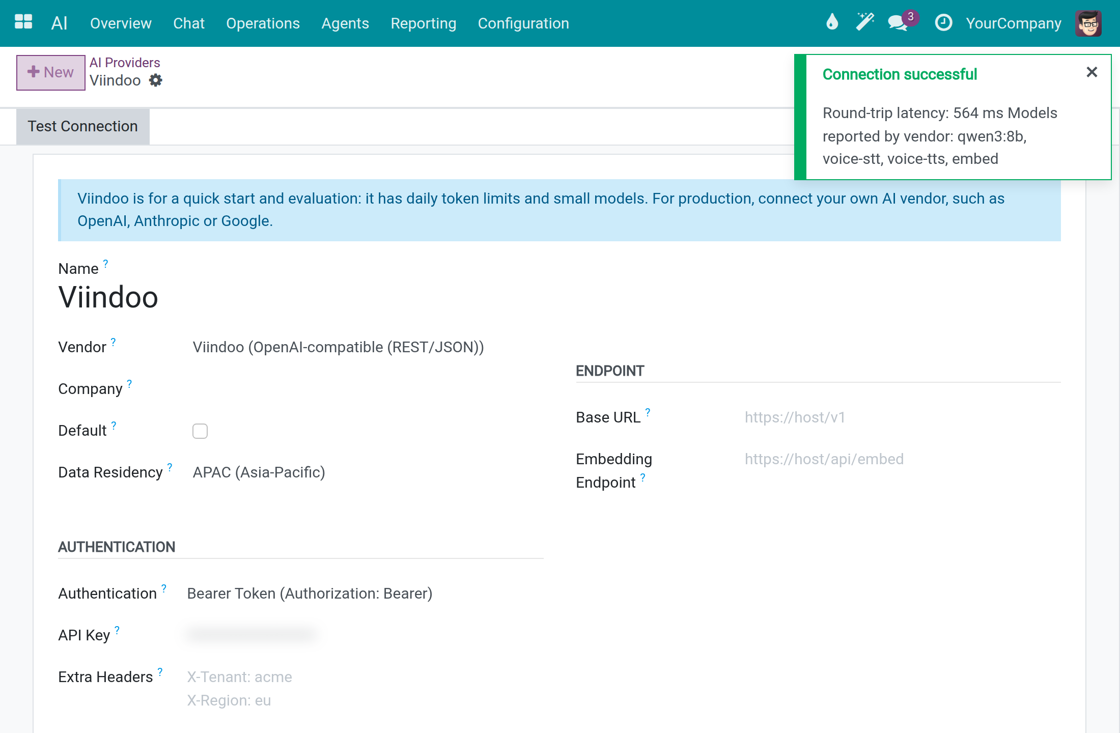 An AI connection with the Connection successful message and the API key masked