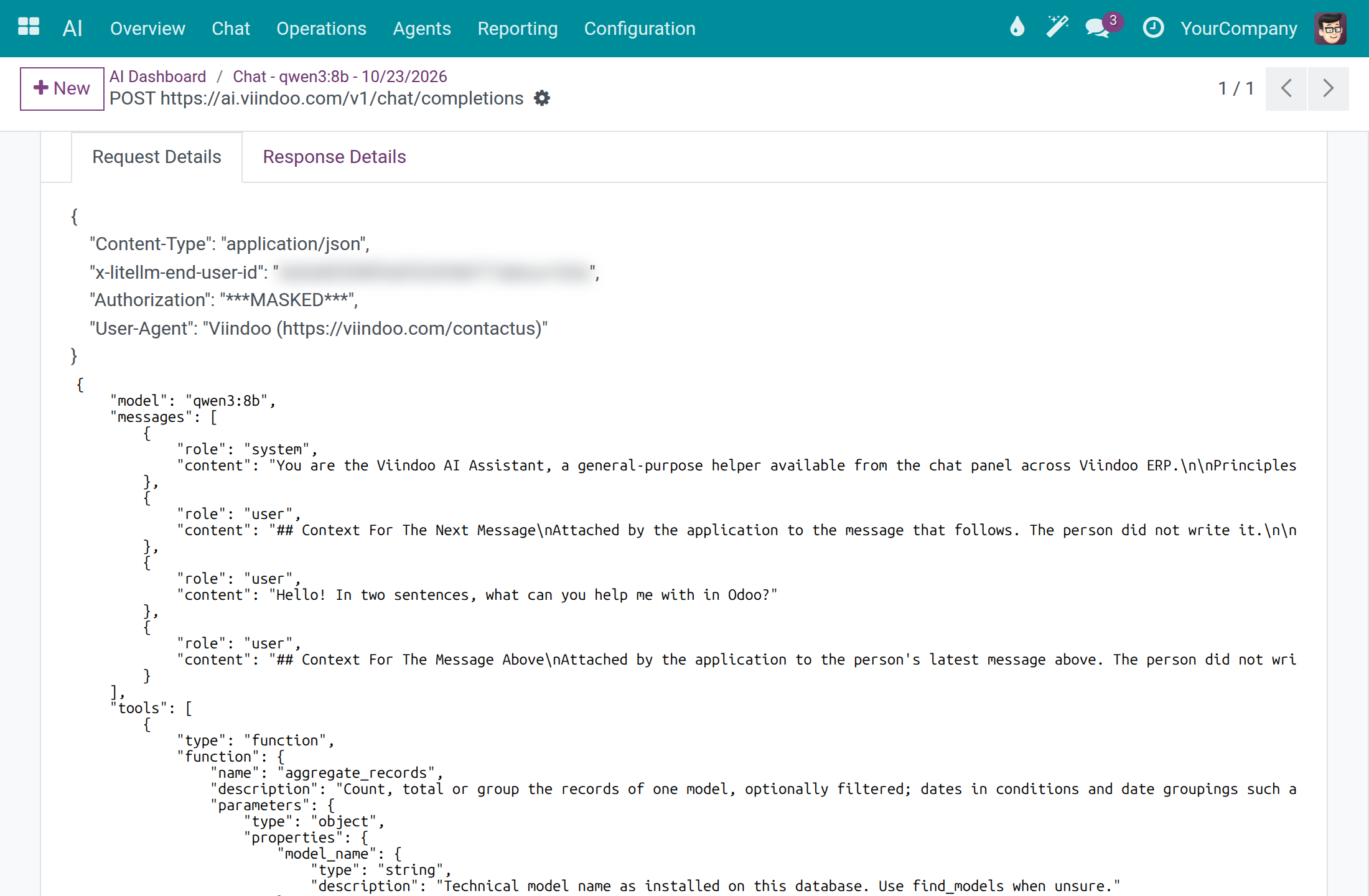 The raw HTTP record of a call with the authorization header masked
