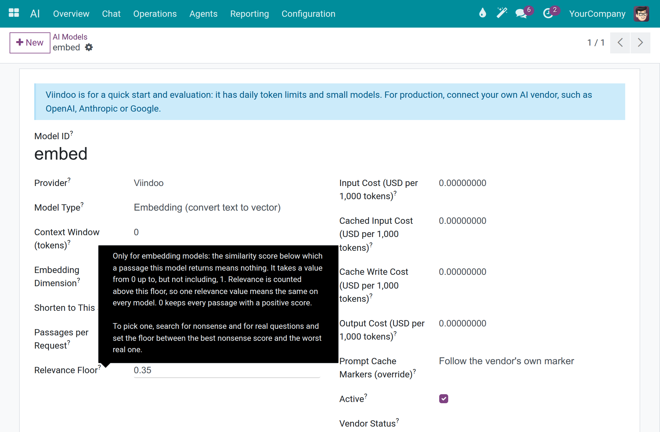 The embedding model form with Relevance Floor set to 0.35 and its help