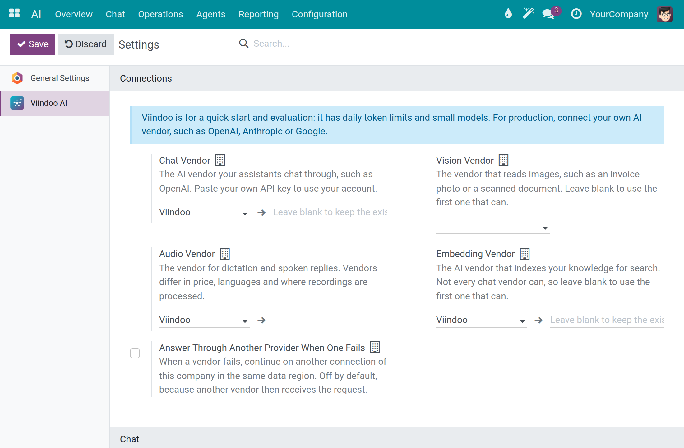 The Connections section of the AI settings with Chat Vendor, Vision Vendor, Audio Vendor and Embedding Vendor