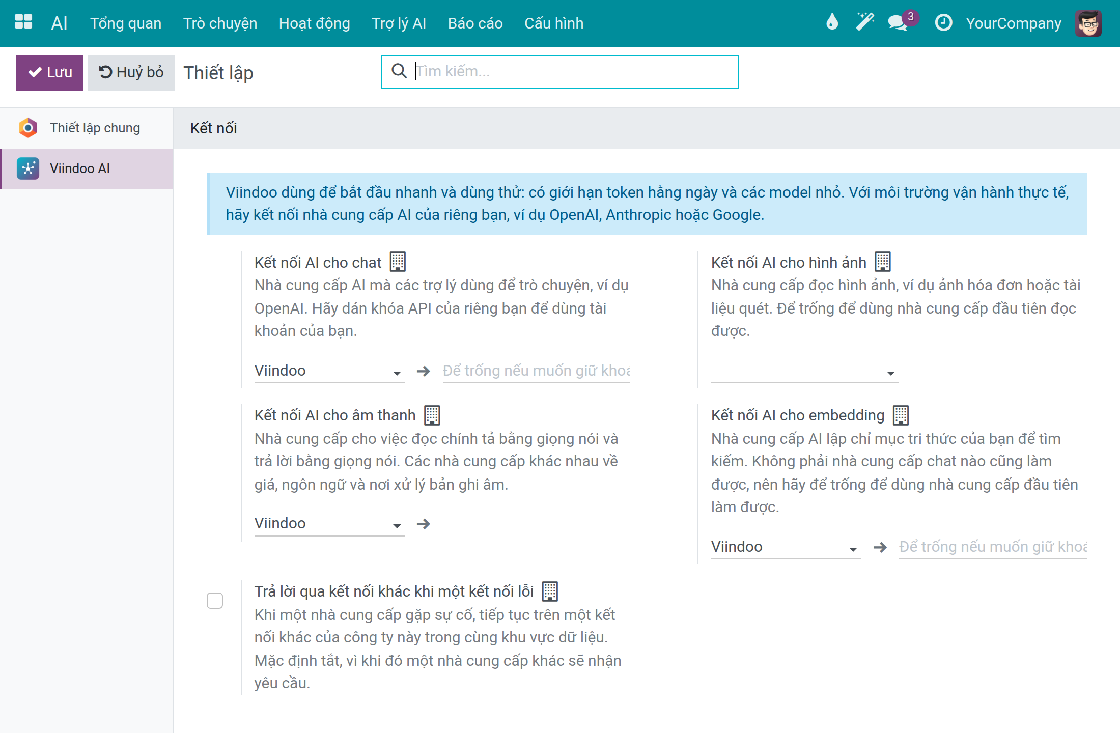 Mục Kết nối trong thiết lập AI với Kết nối AI cho chat, hình ảnh, âm thanh và embedding