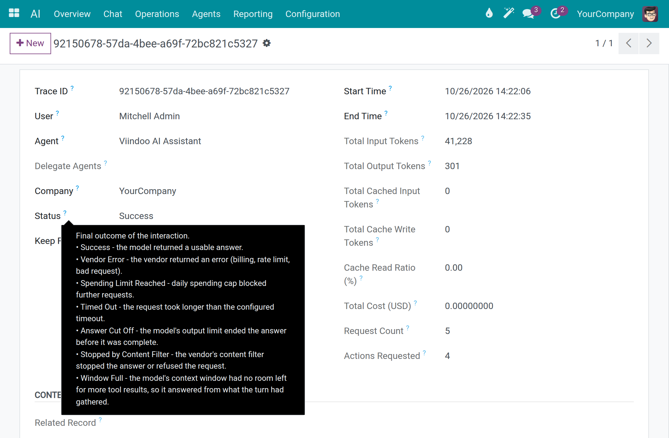 A trace of an AI answer with the help of its Status field listing the Window Full status