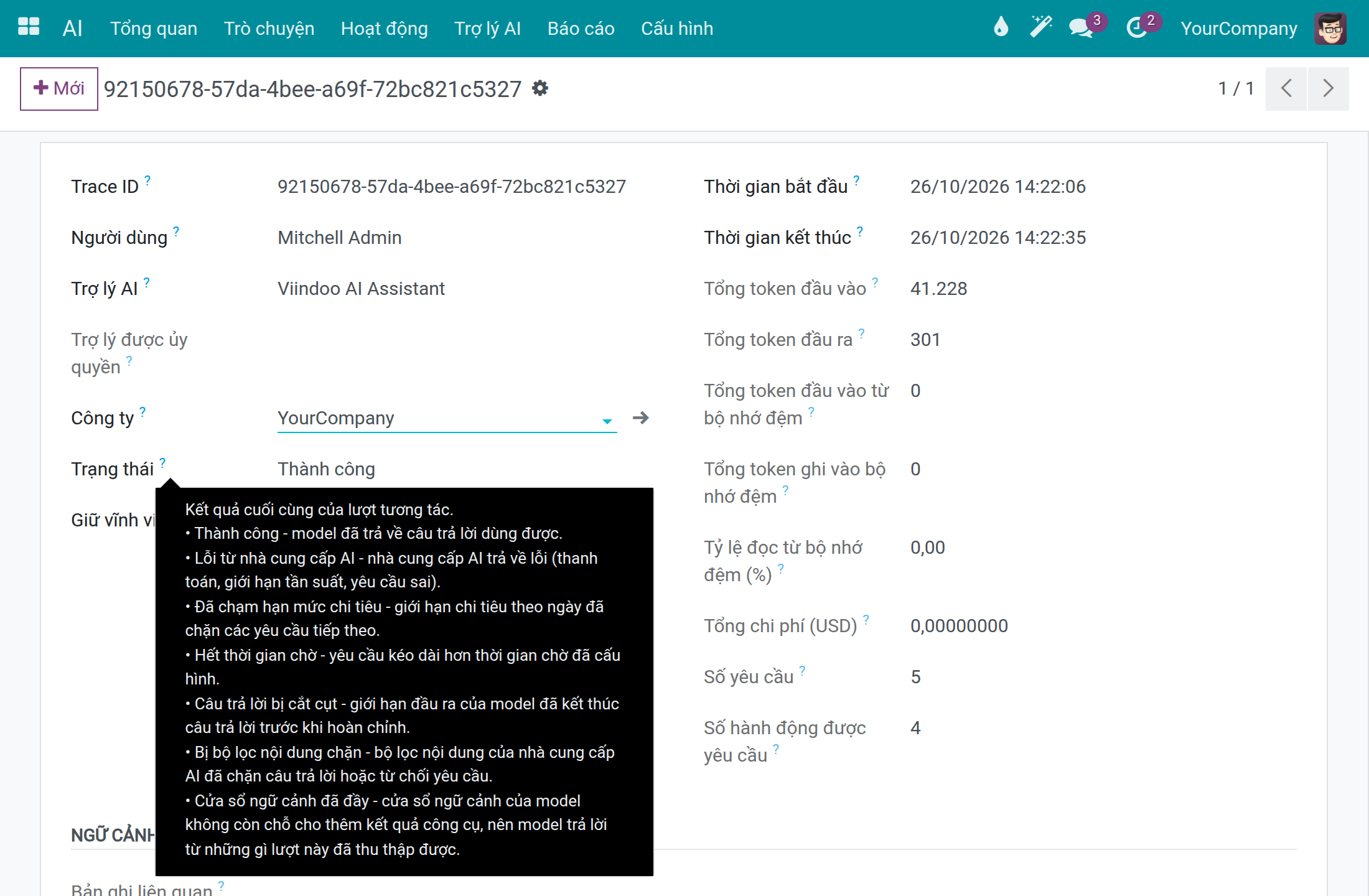Một trace của câu trả lời AI với phần trợ giúp của trường Trạng thái liệt kê trạng thái Cửa sổ ngữ cảnh đã đầy