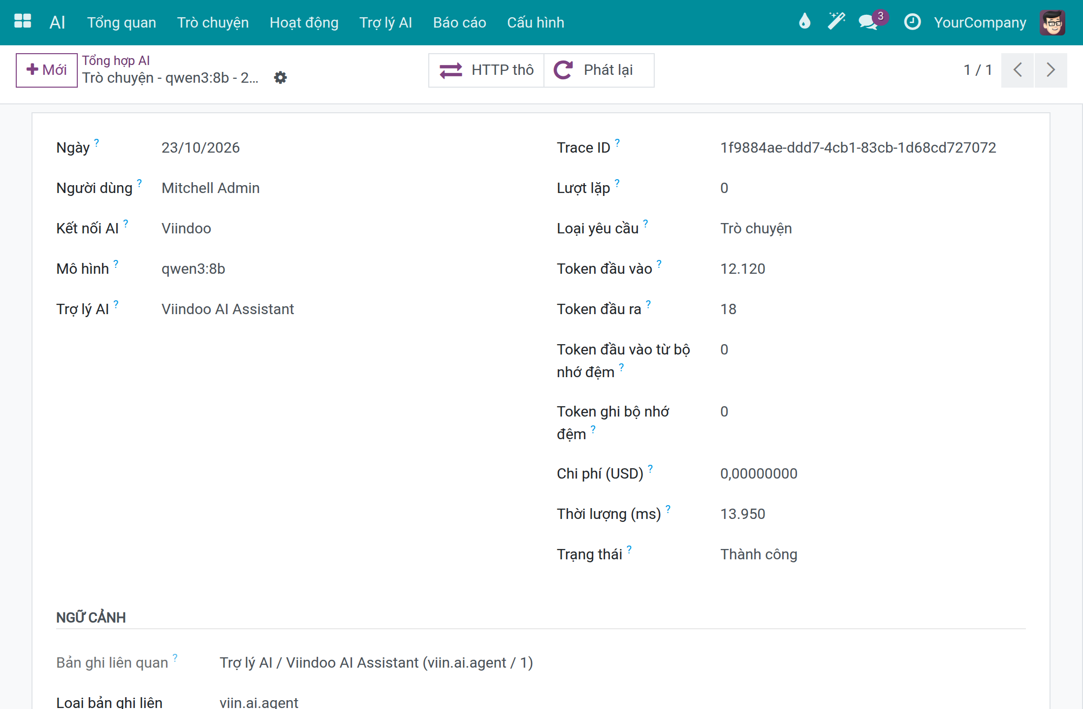 Một lần gọi với các nút HTTP thô và Phát lại cùng Trace ID