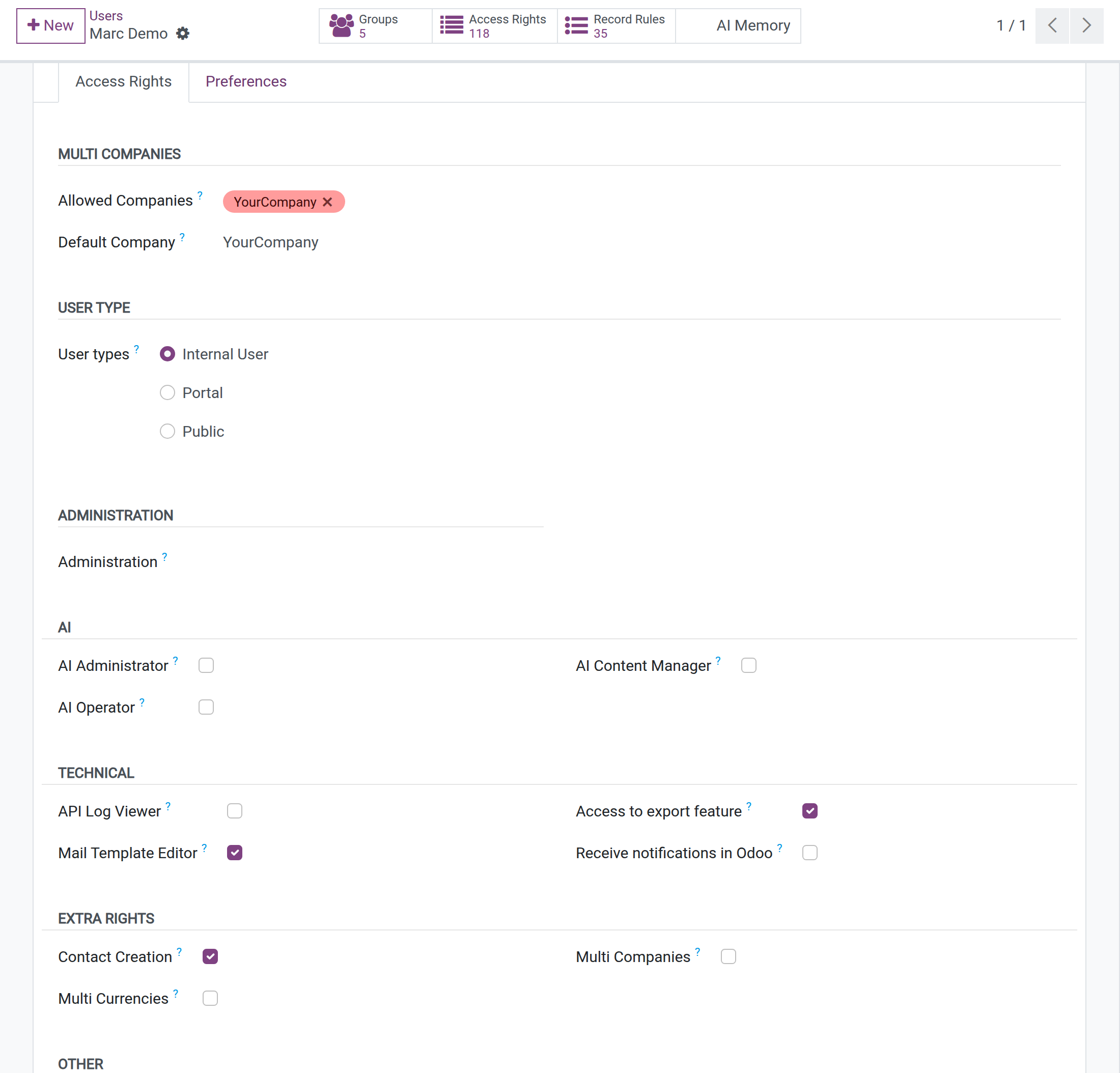 Access Rights tab of a user with the AI section: AI Administrator, AI Operator, AI Content Manager and API Log Viewer