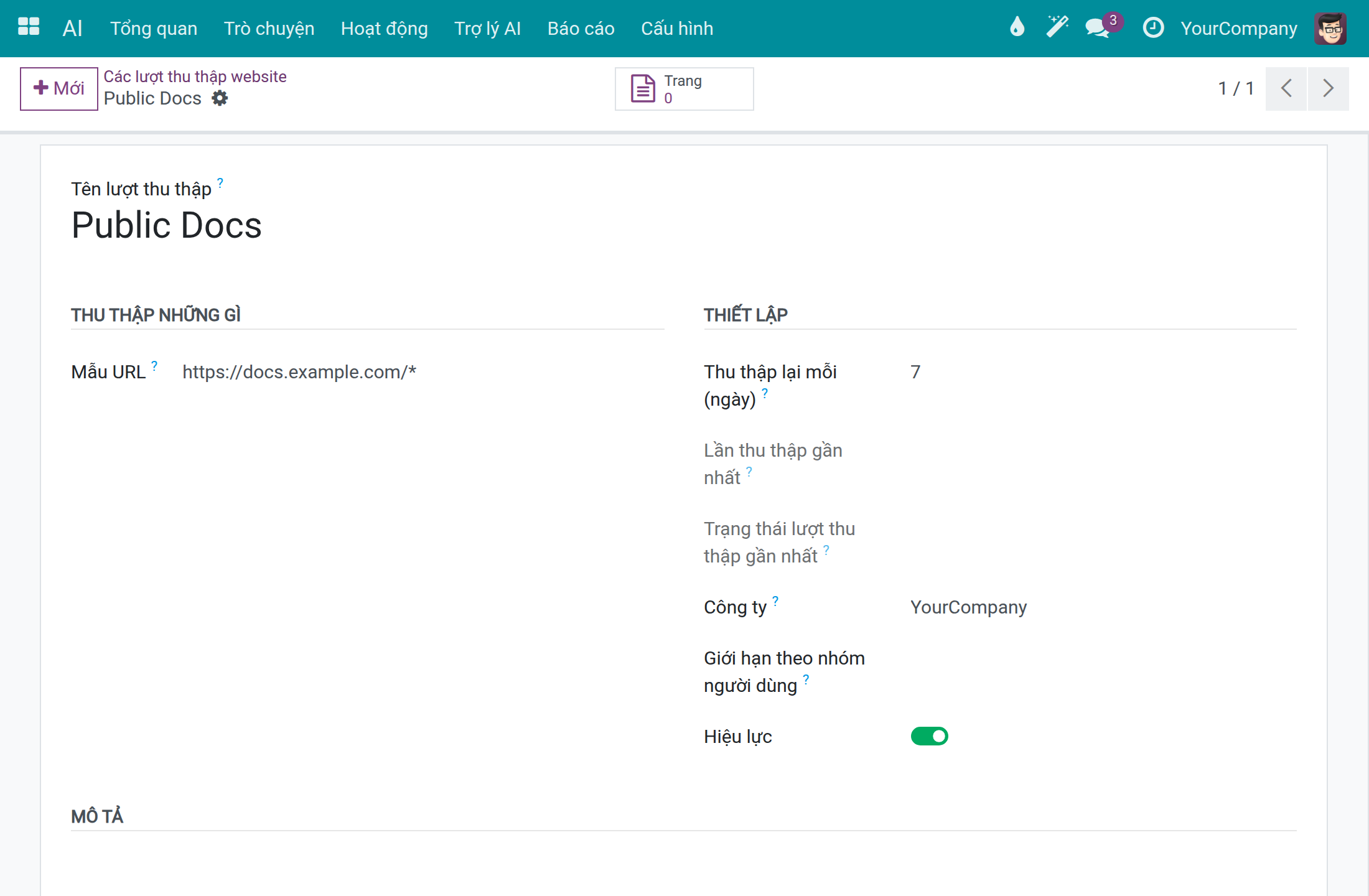 Một lần thu thập trang web với mẫu địa chỉ, chu kỳ làm mới và thiết lập truy cập
