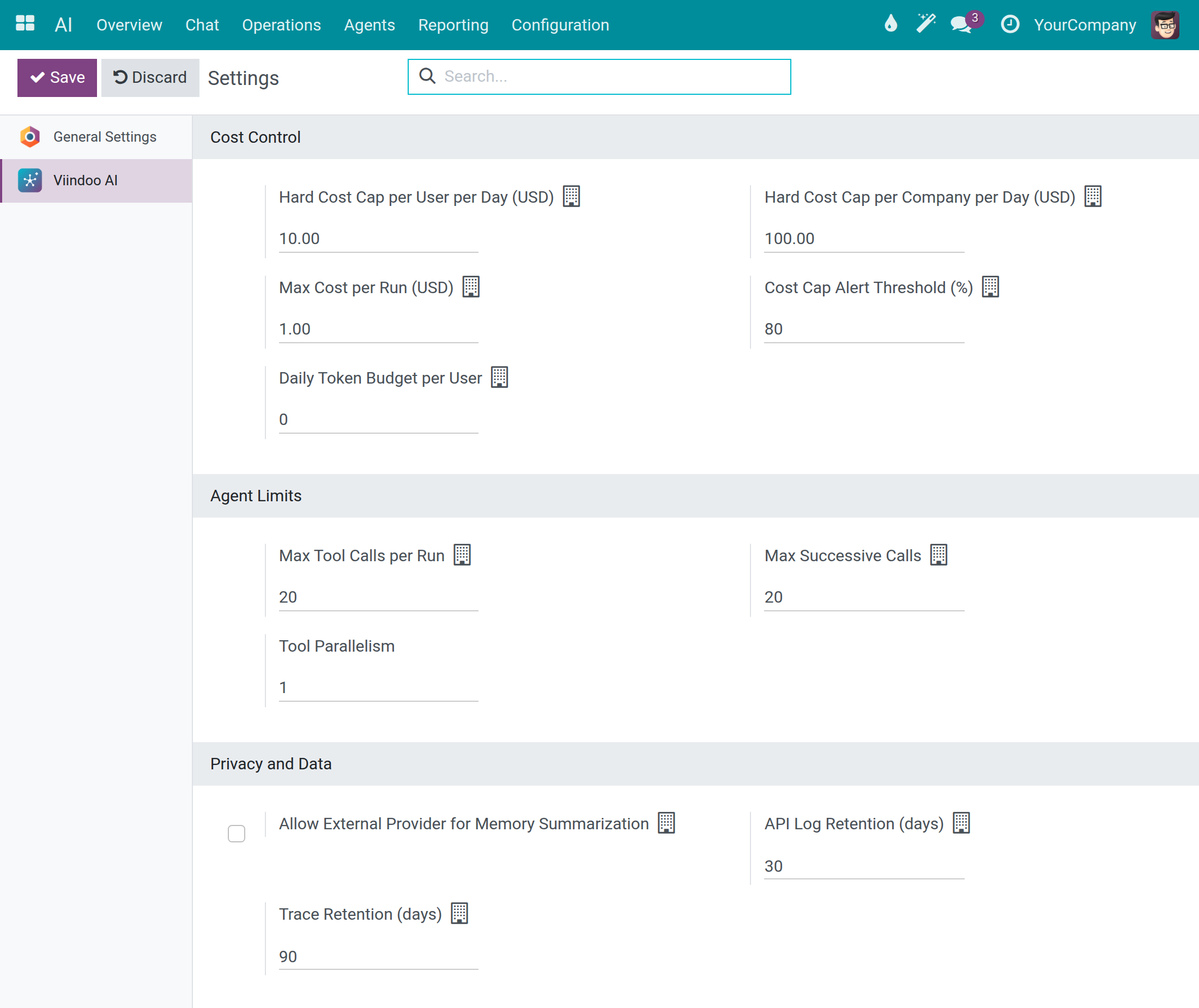 Settings with cost control, agent limits and privacy options
