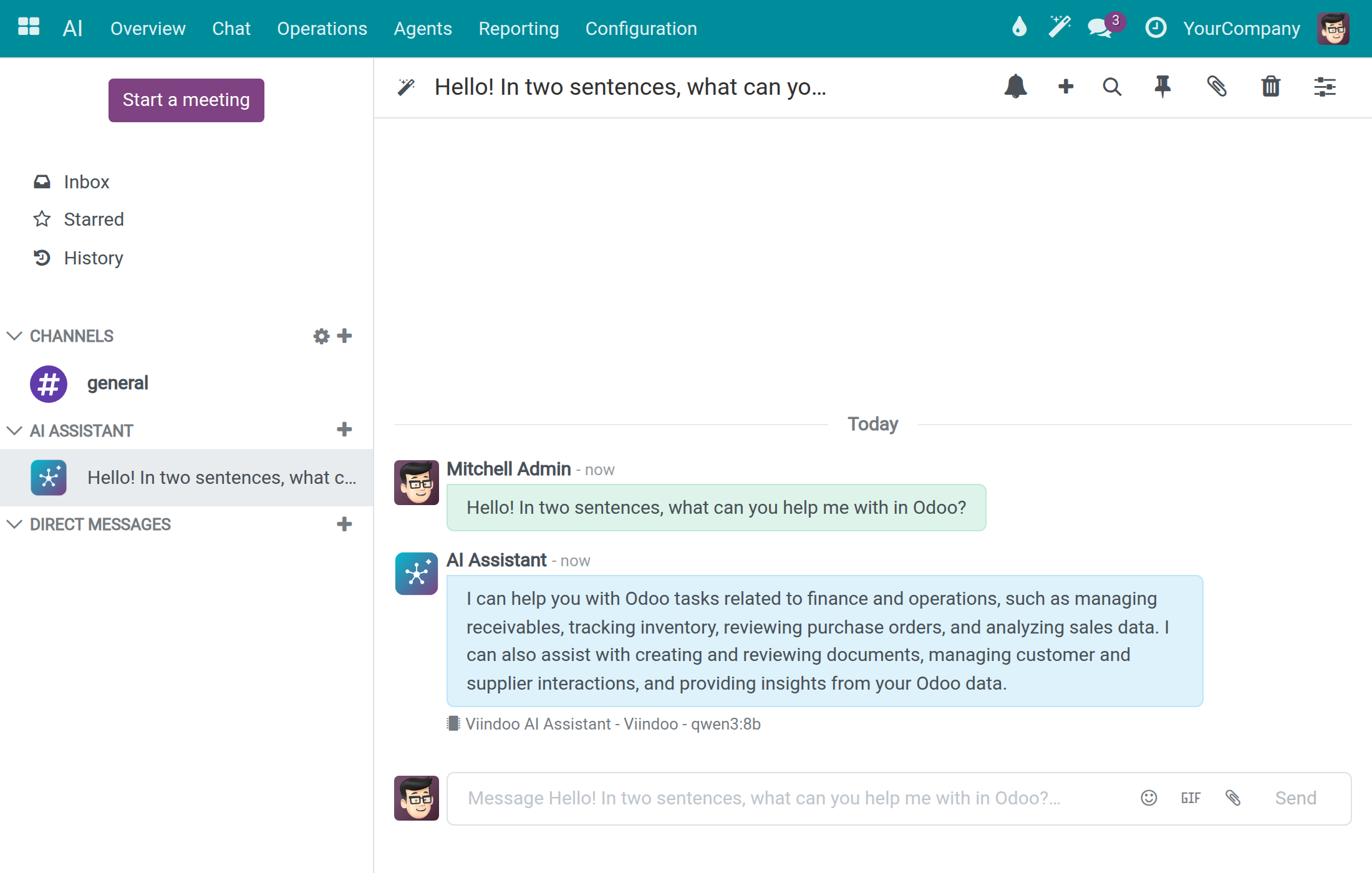 An AI conversation in Discuss: a question and the assistant's answer, with the vendor and model shown under the answer