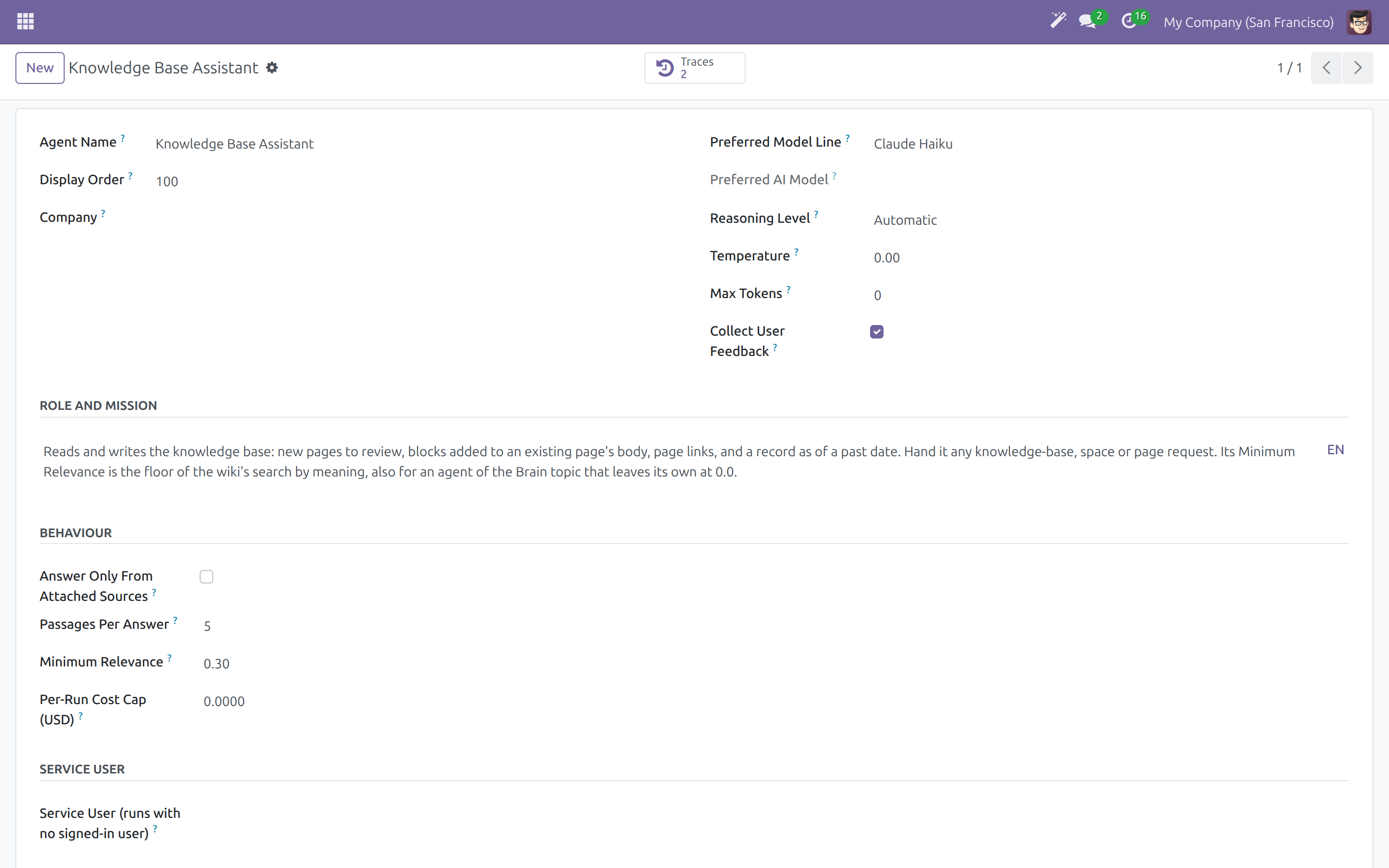 The Knowledge Base Assistant form with the model line and the Minimum Relevance