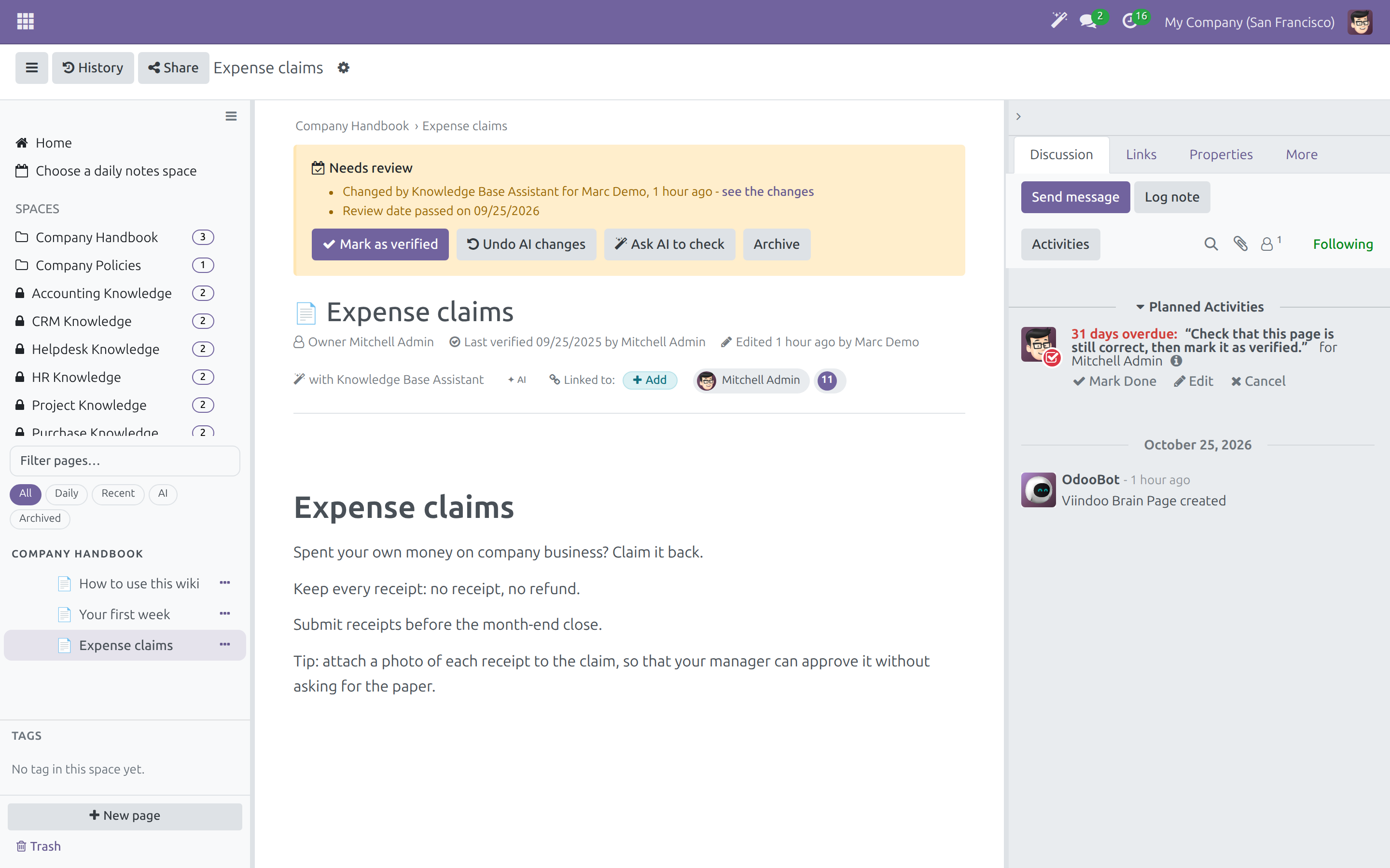 A page changed by an assistant with the Needs review banner and its buttons