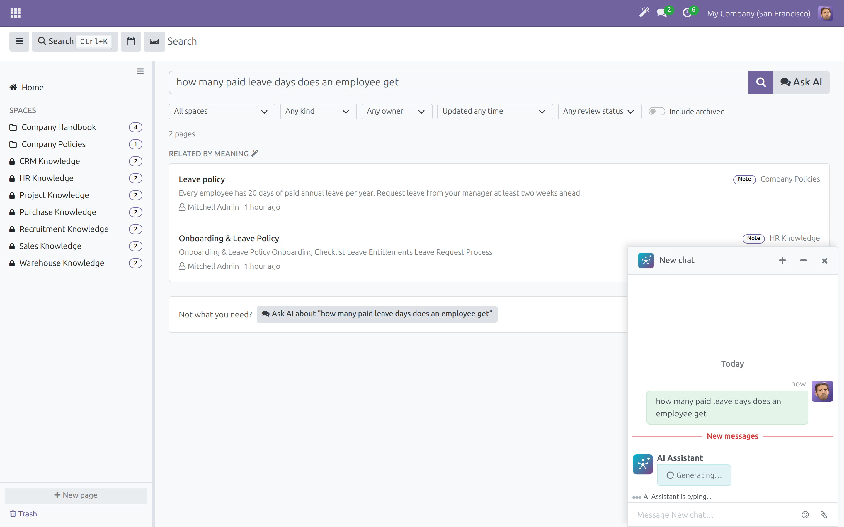 The assistant chat opening beside the search results with the question already sent