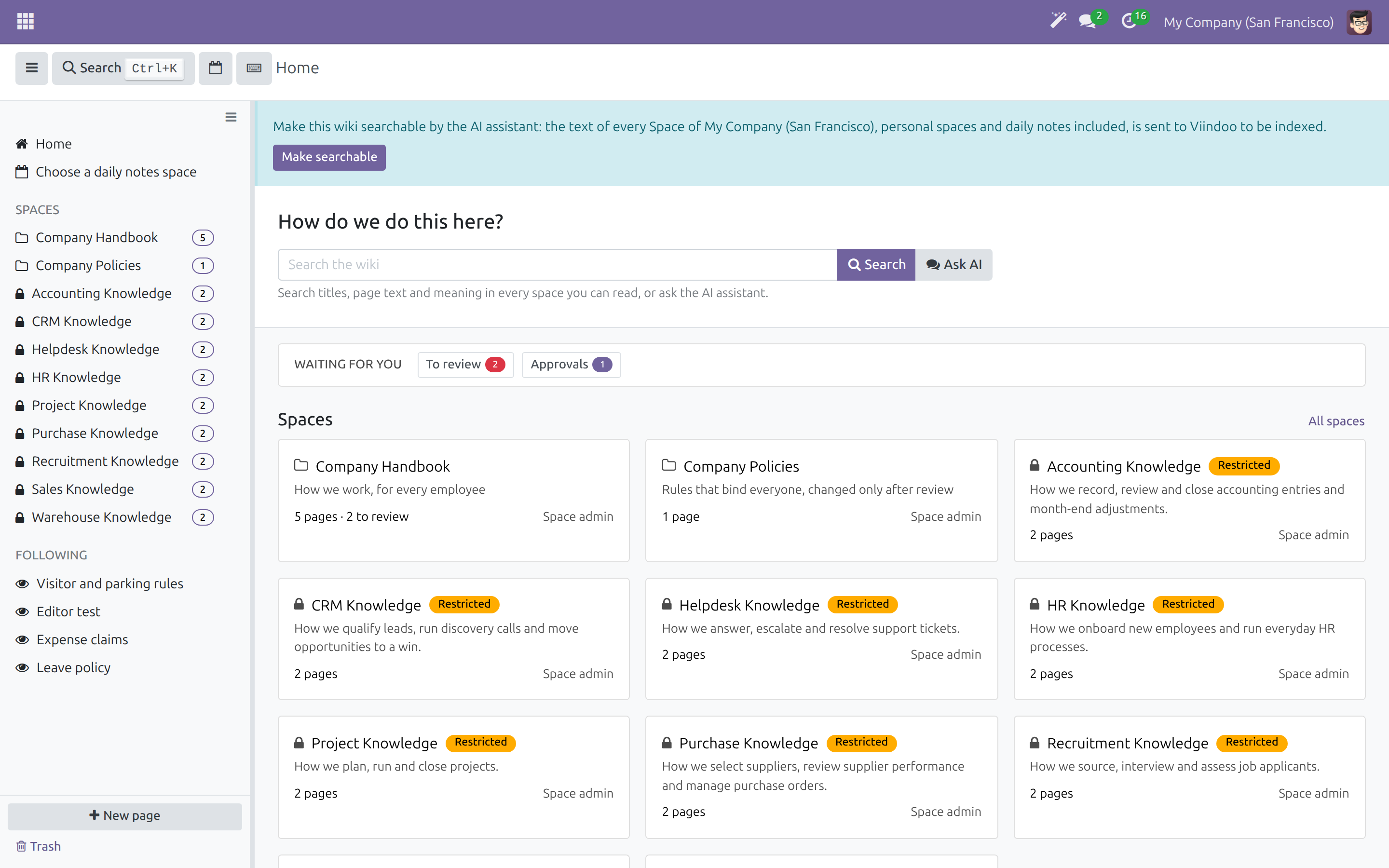 The Home notice that lets a wiki admin make the wiki searchable