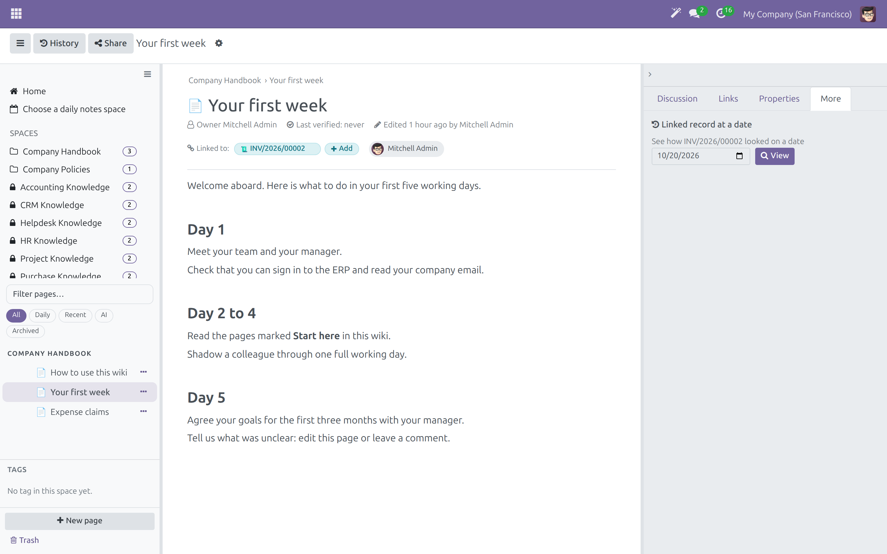 The context panel tab Linked record at a date with its date field