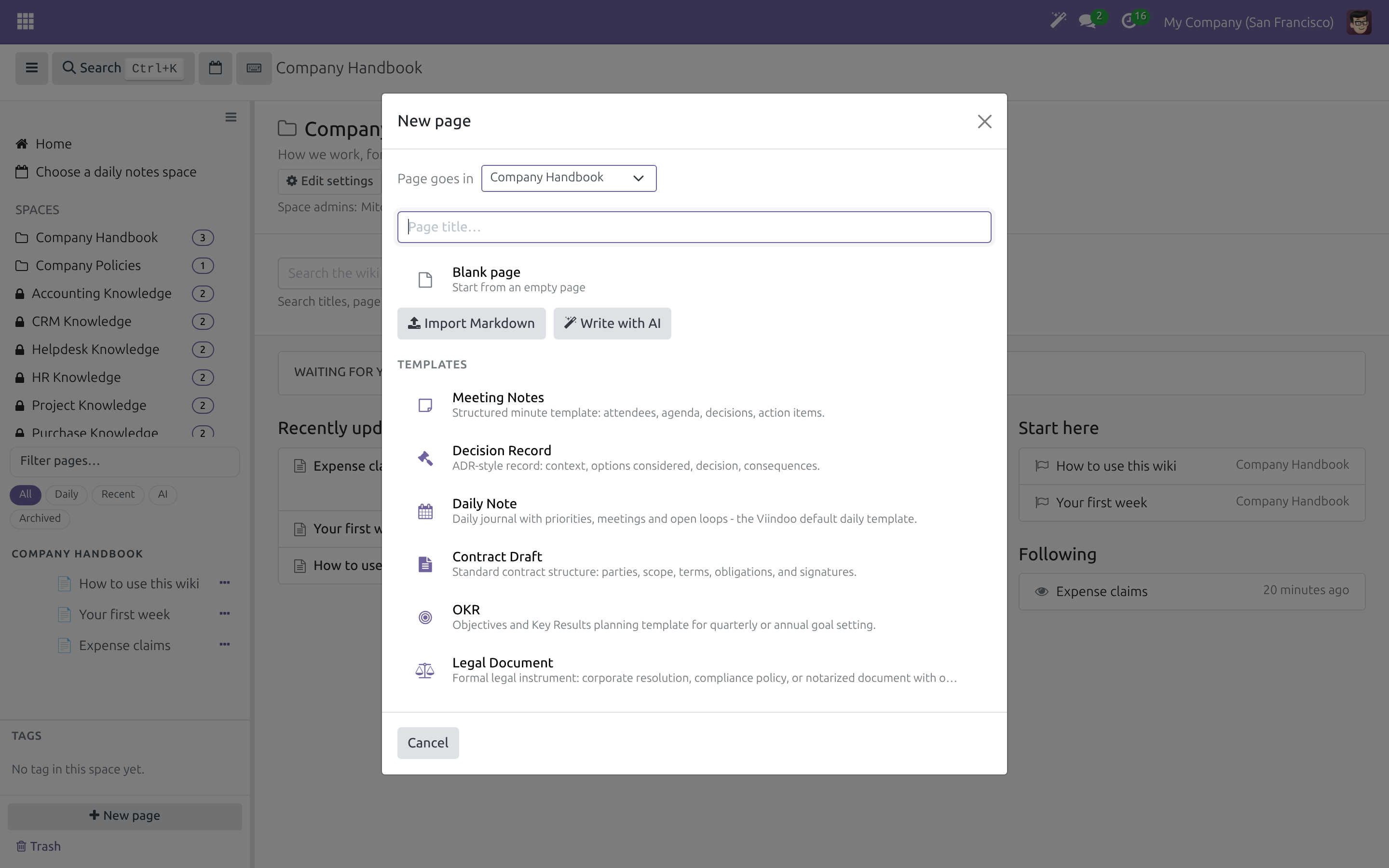 The New page dialog with Blank page, Import Markdown and Write with AI