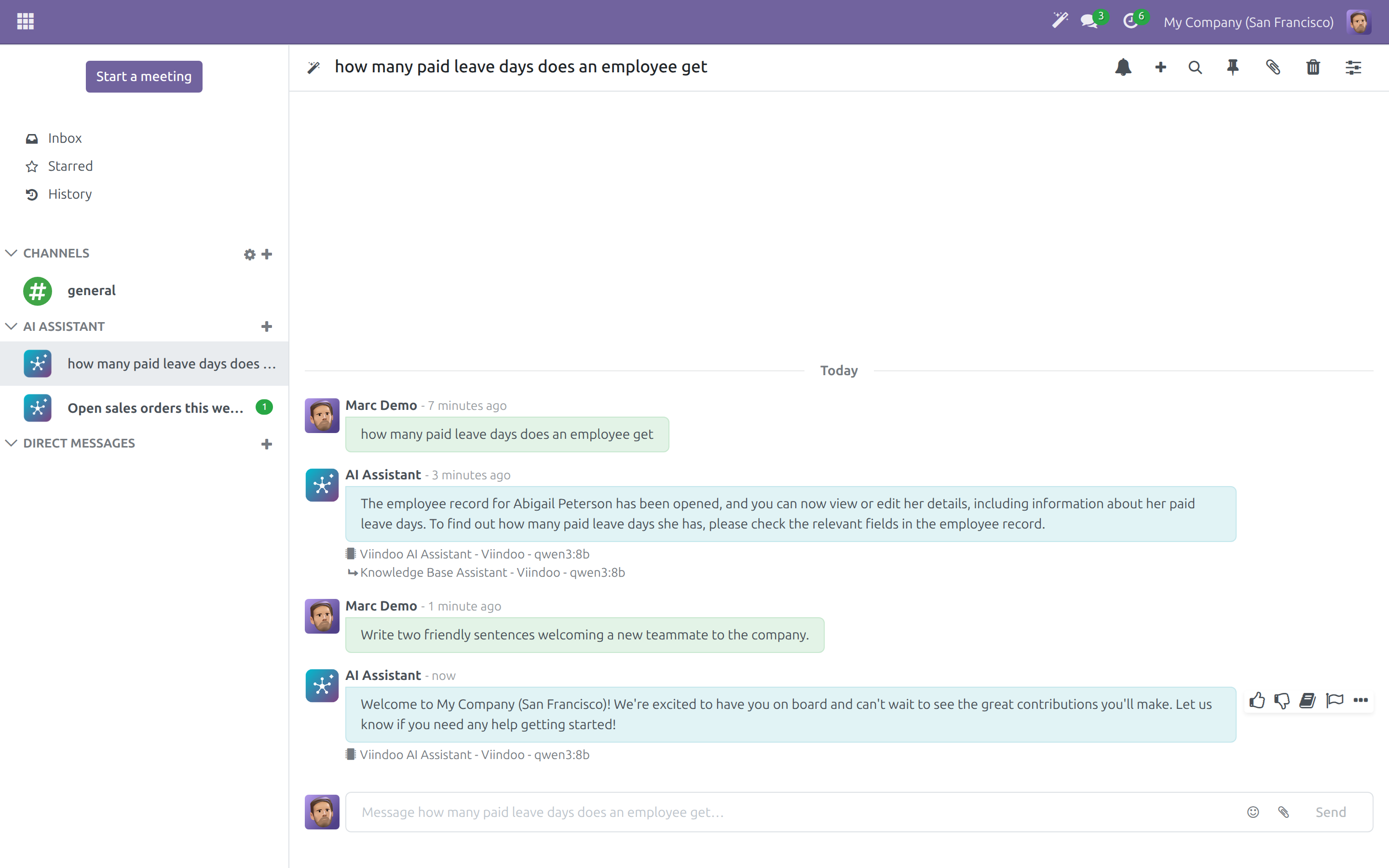 The quick actions of an assistant answer in Discuss, with Save to Brain
