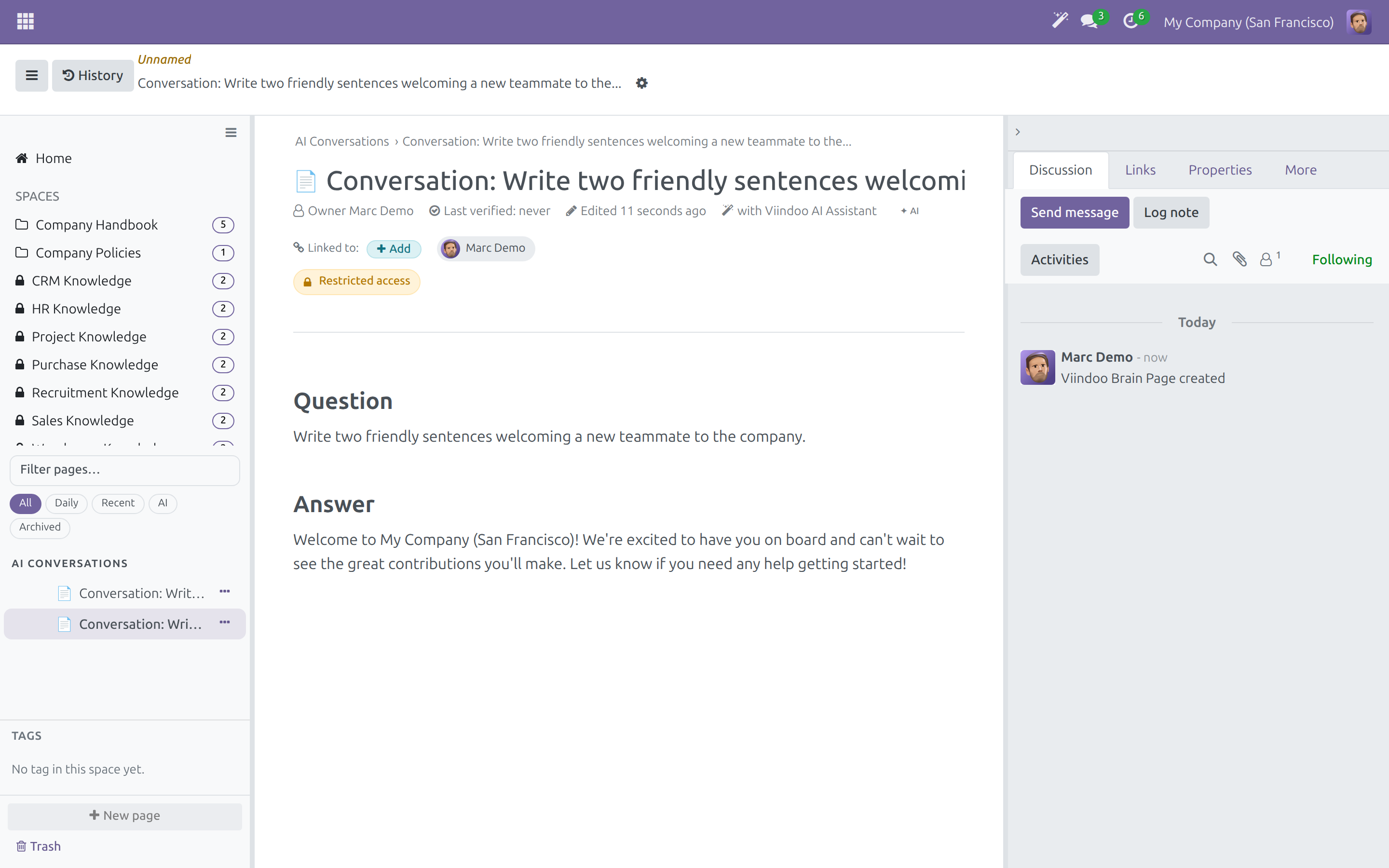 A saved answer as a private page with its Question and Answer