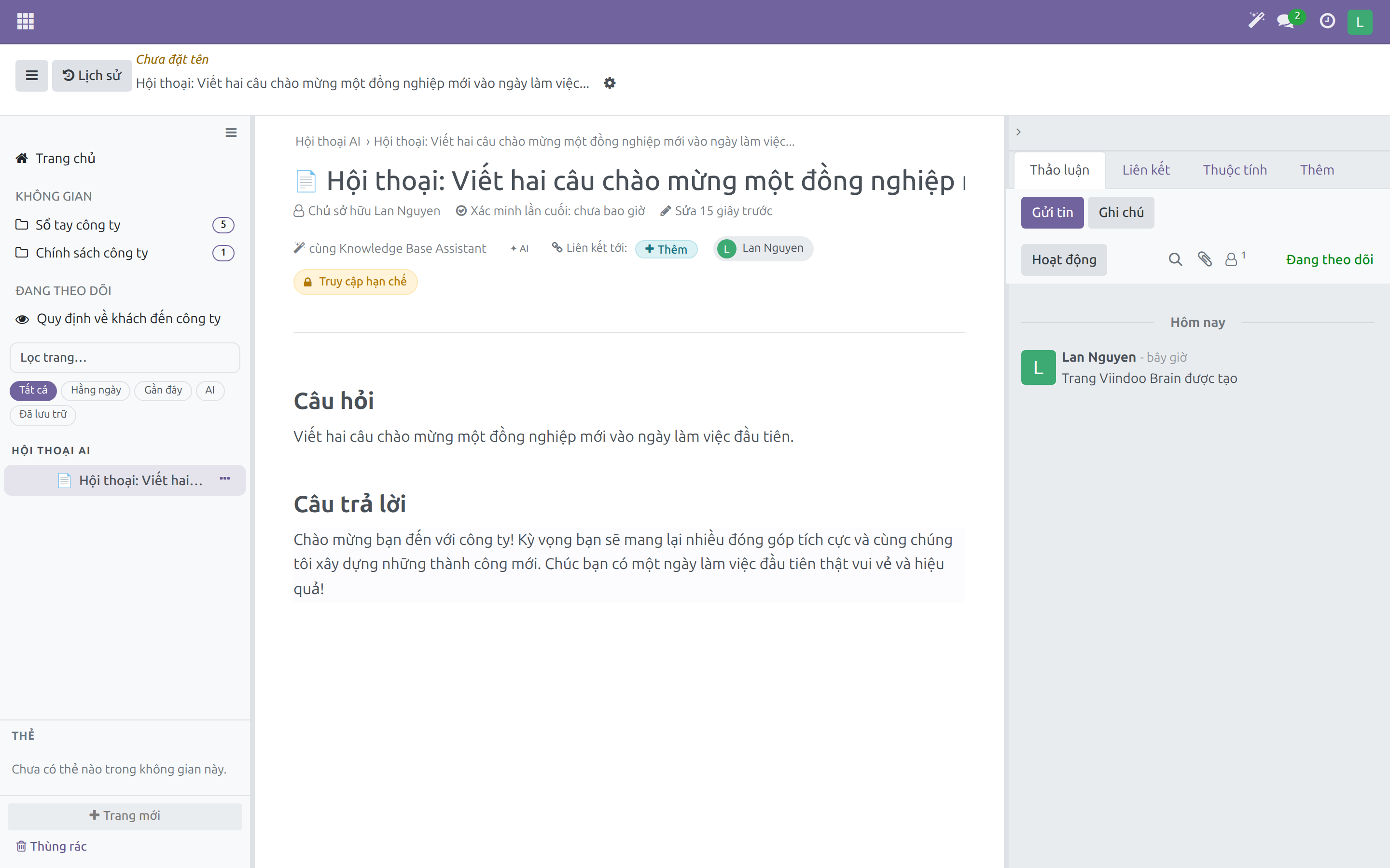 Một câu trả lời đã lưu thành trang riêng tư với Câu hỏi và Câu trả lời