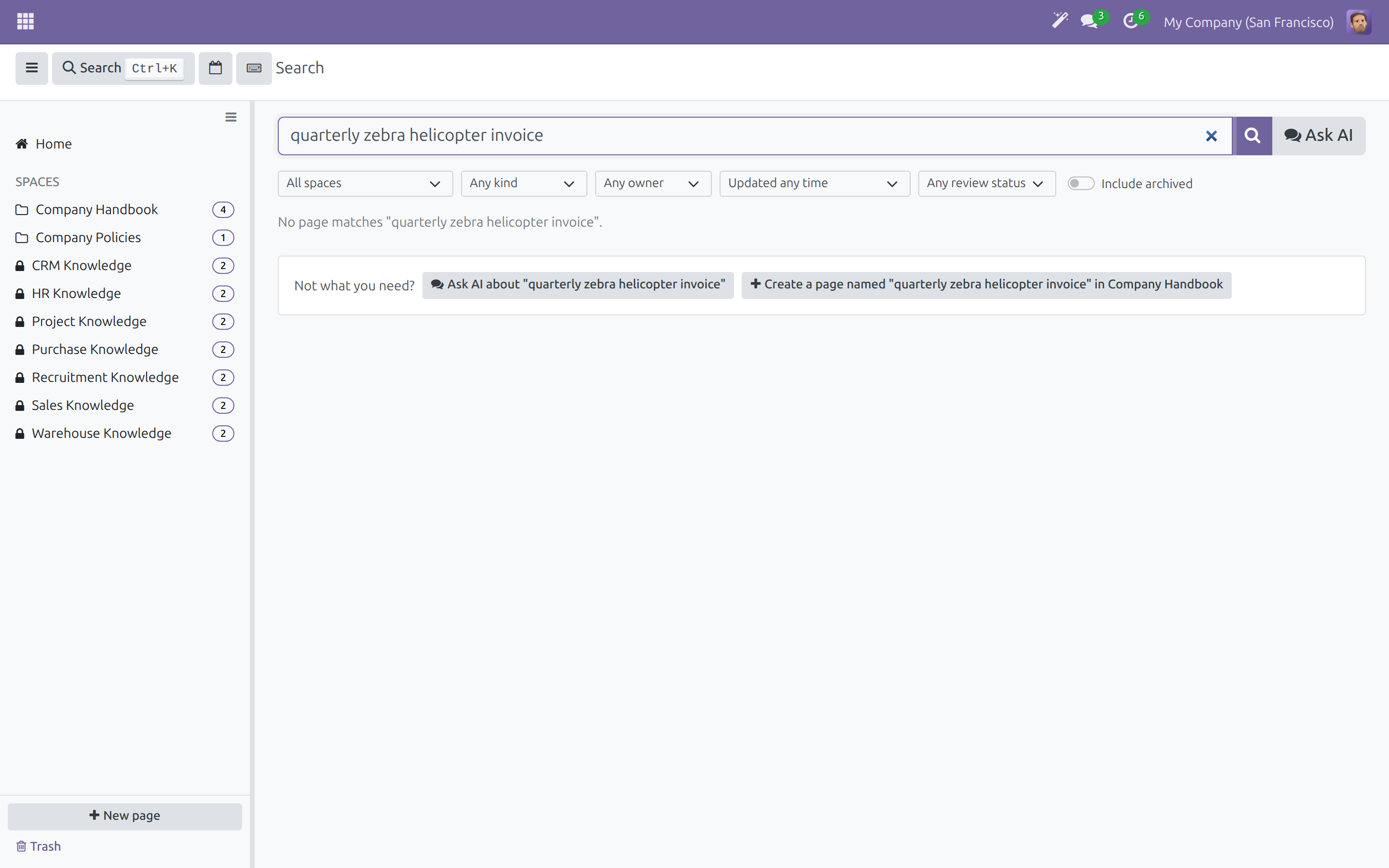 The search page with no match, offering Ask AI and Create a page