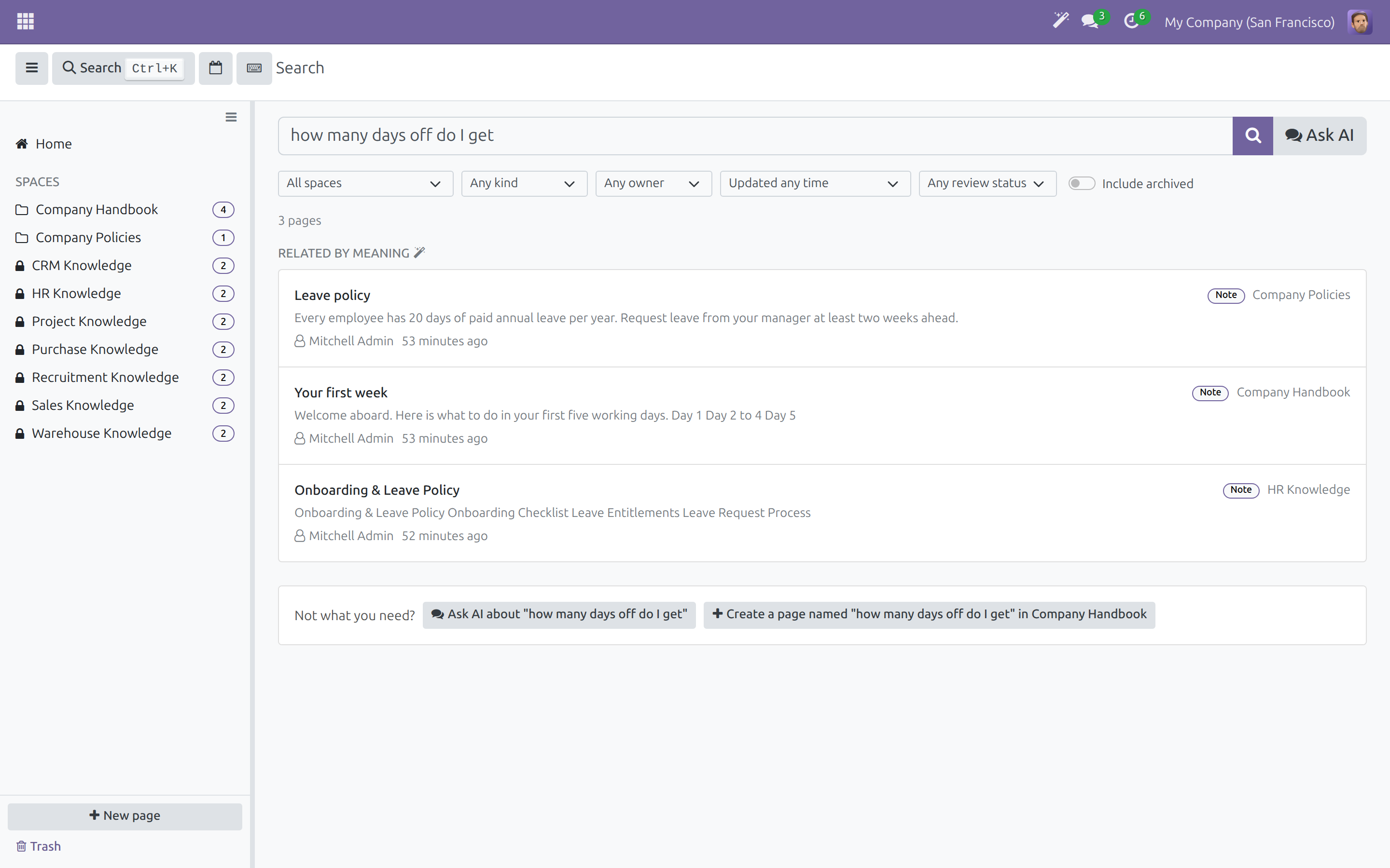 Search results with the Related by meaning group and the Ask AI button