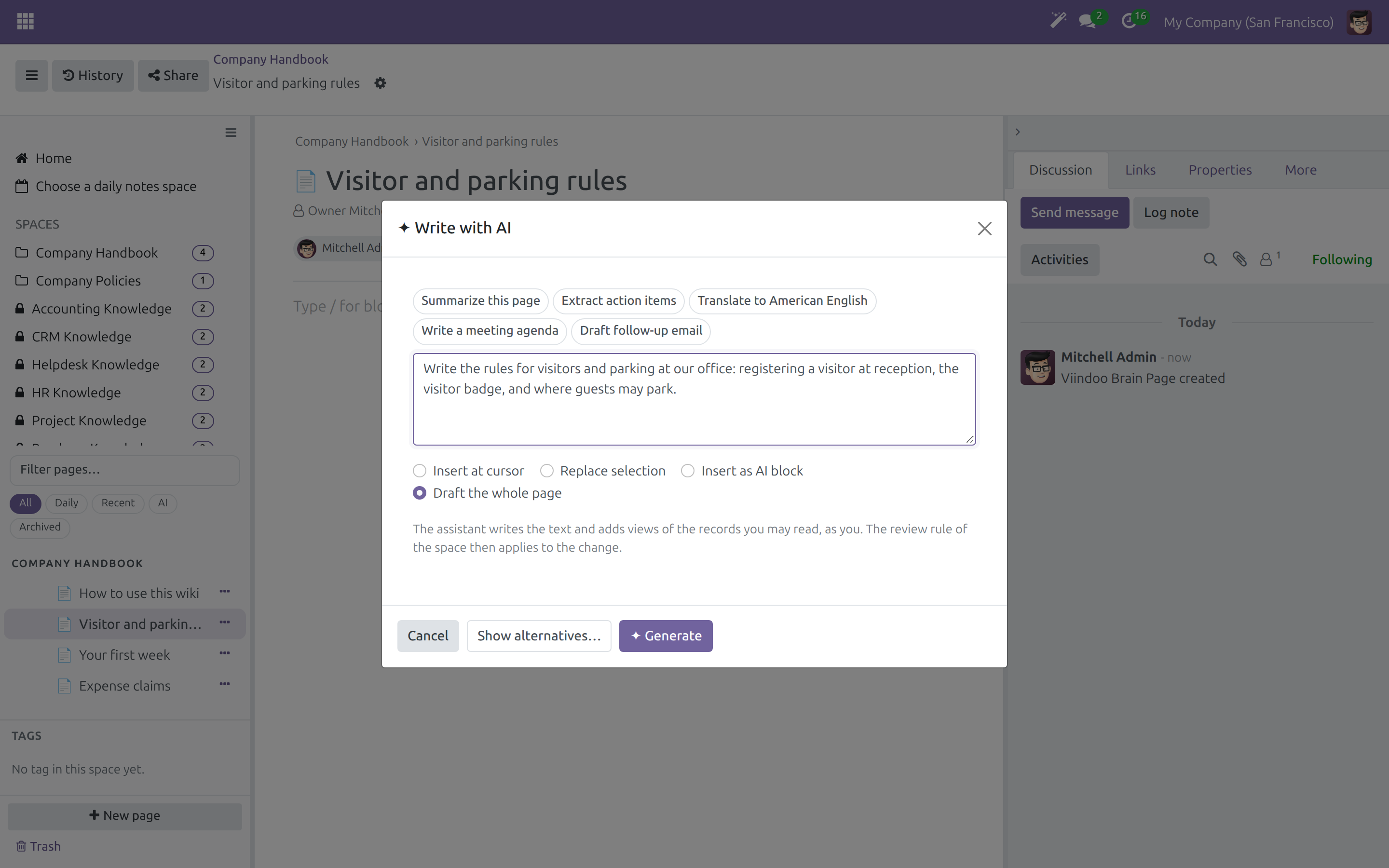 The Write with AI dialog with suggested prompts and the four placement modes
