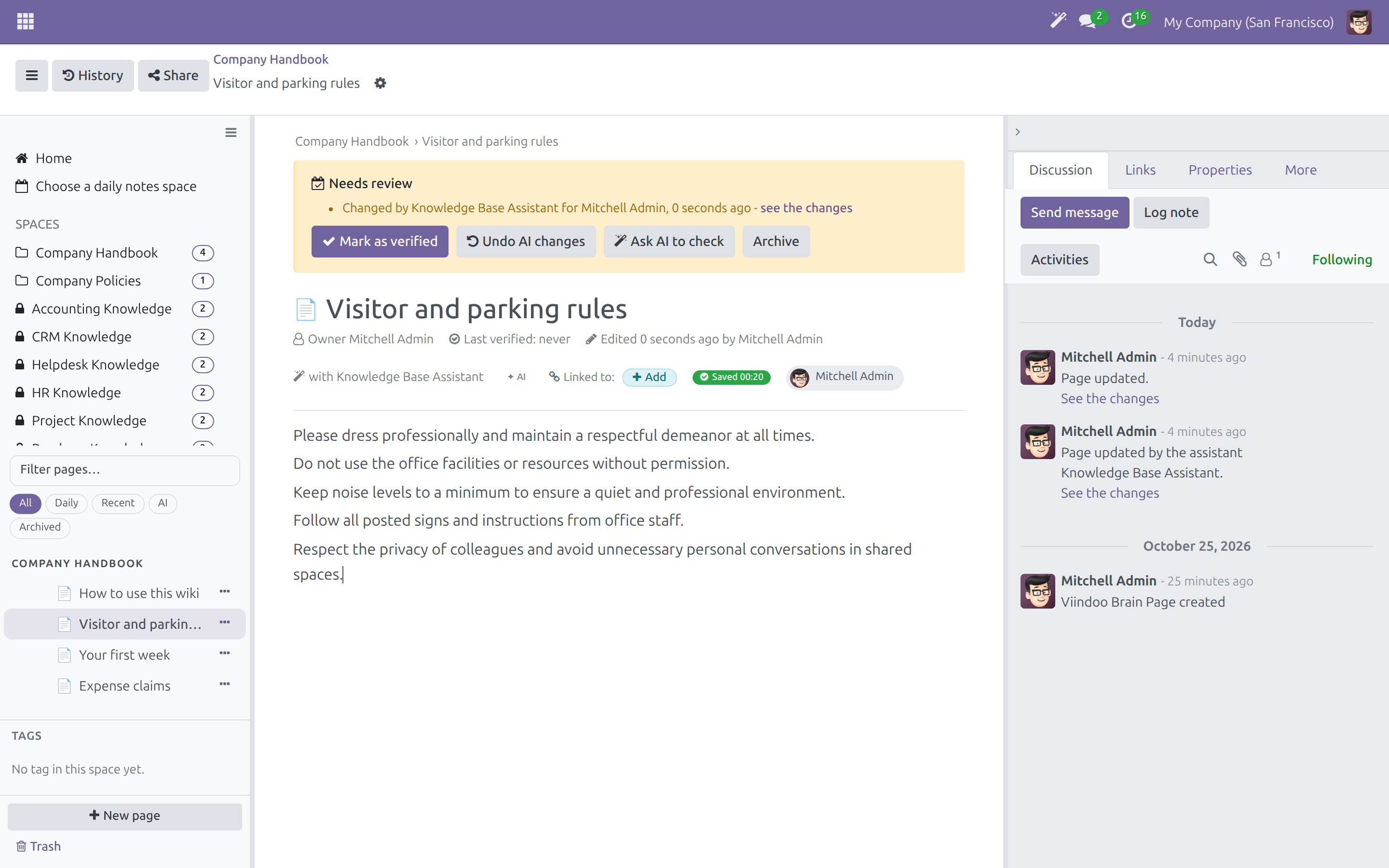 A page with text written by the assistant and its review banner