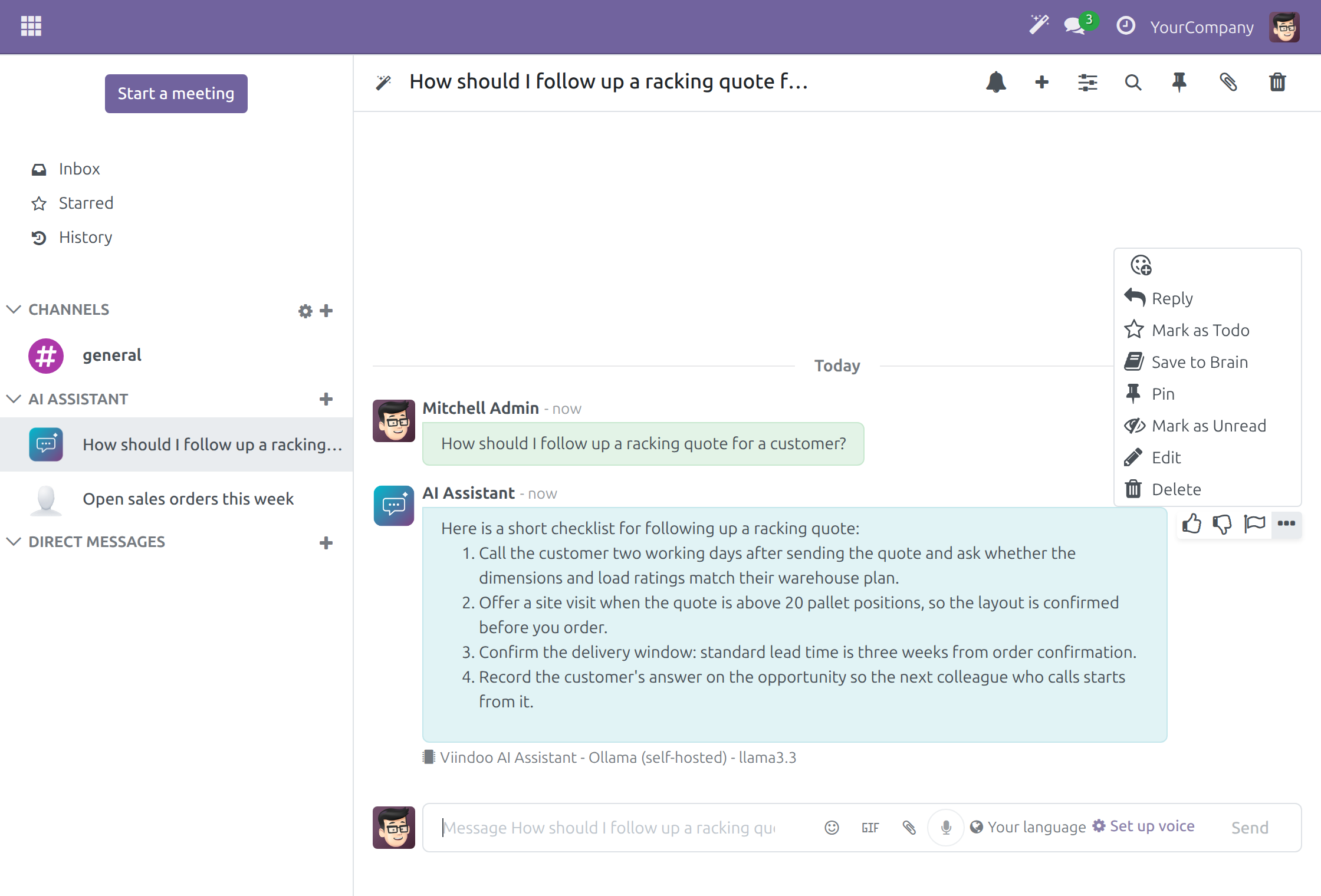 Save to Brain in the message actions of an assistant answer in Discuss