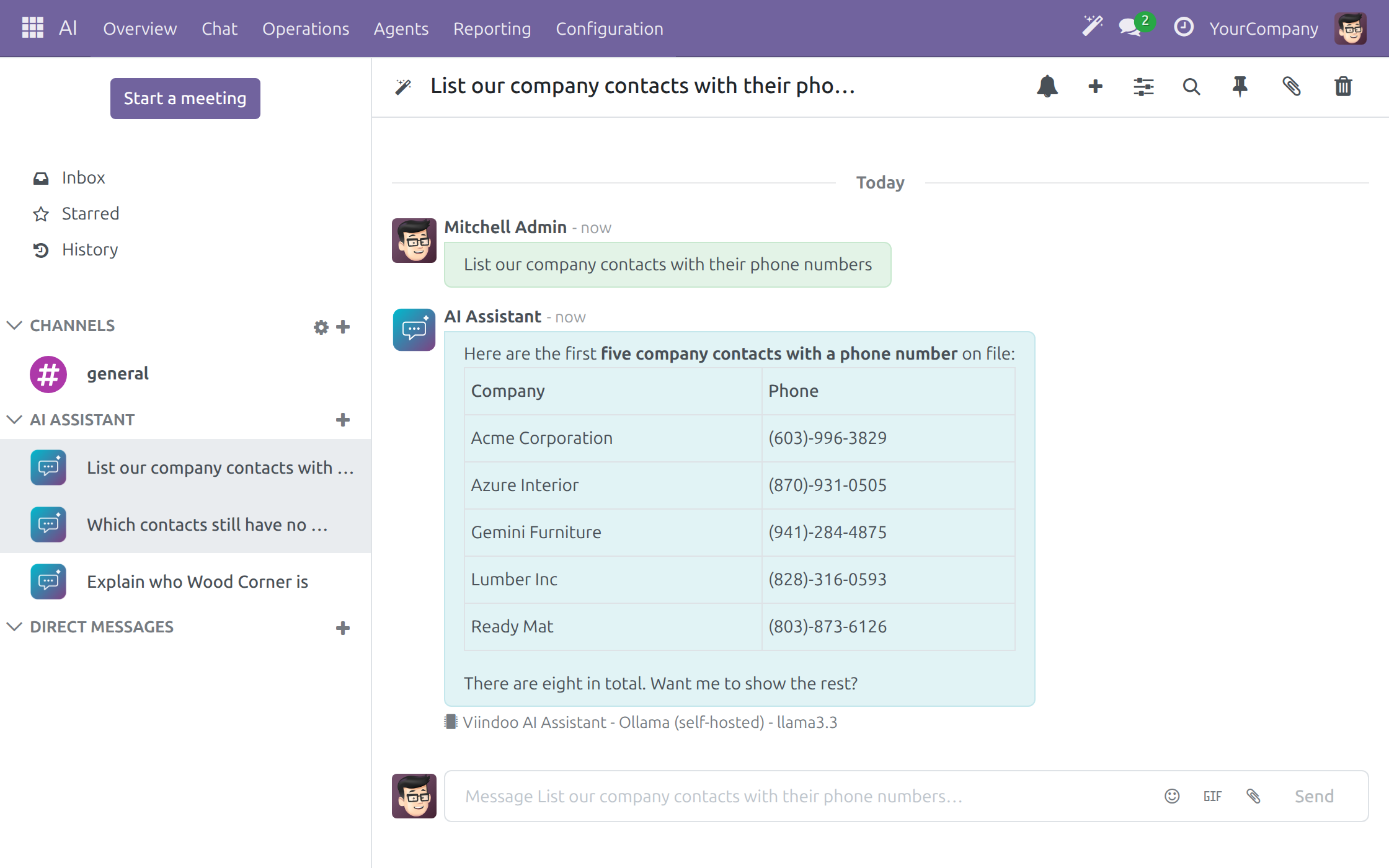 An AI conversation in Discuss with a table answer and the AI Assistant category in the sidebar