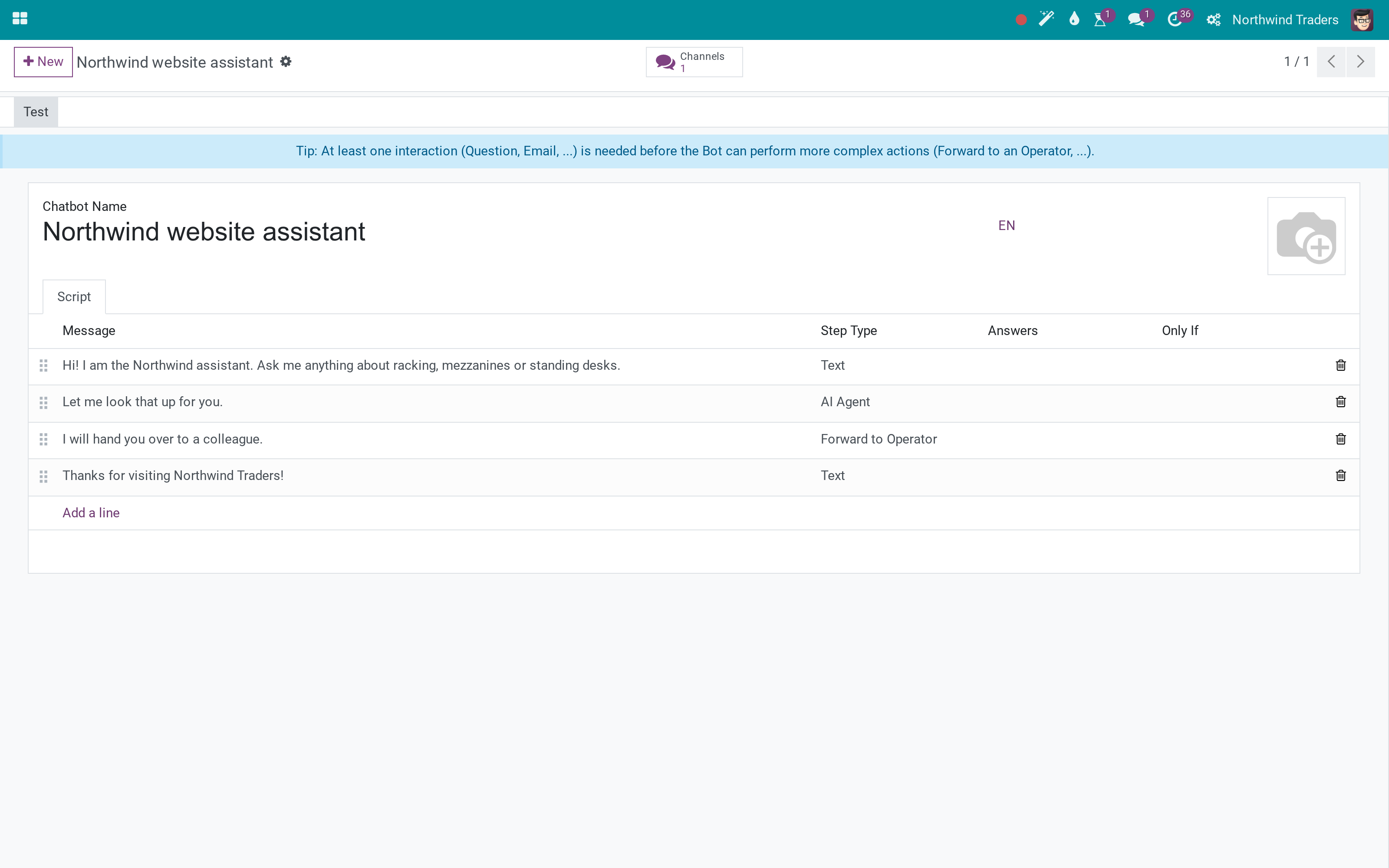 A chatbot script with an AI Agent step