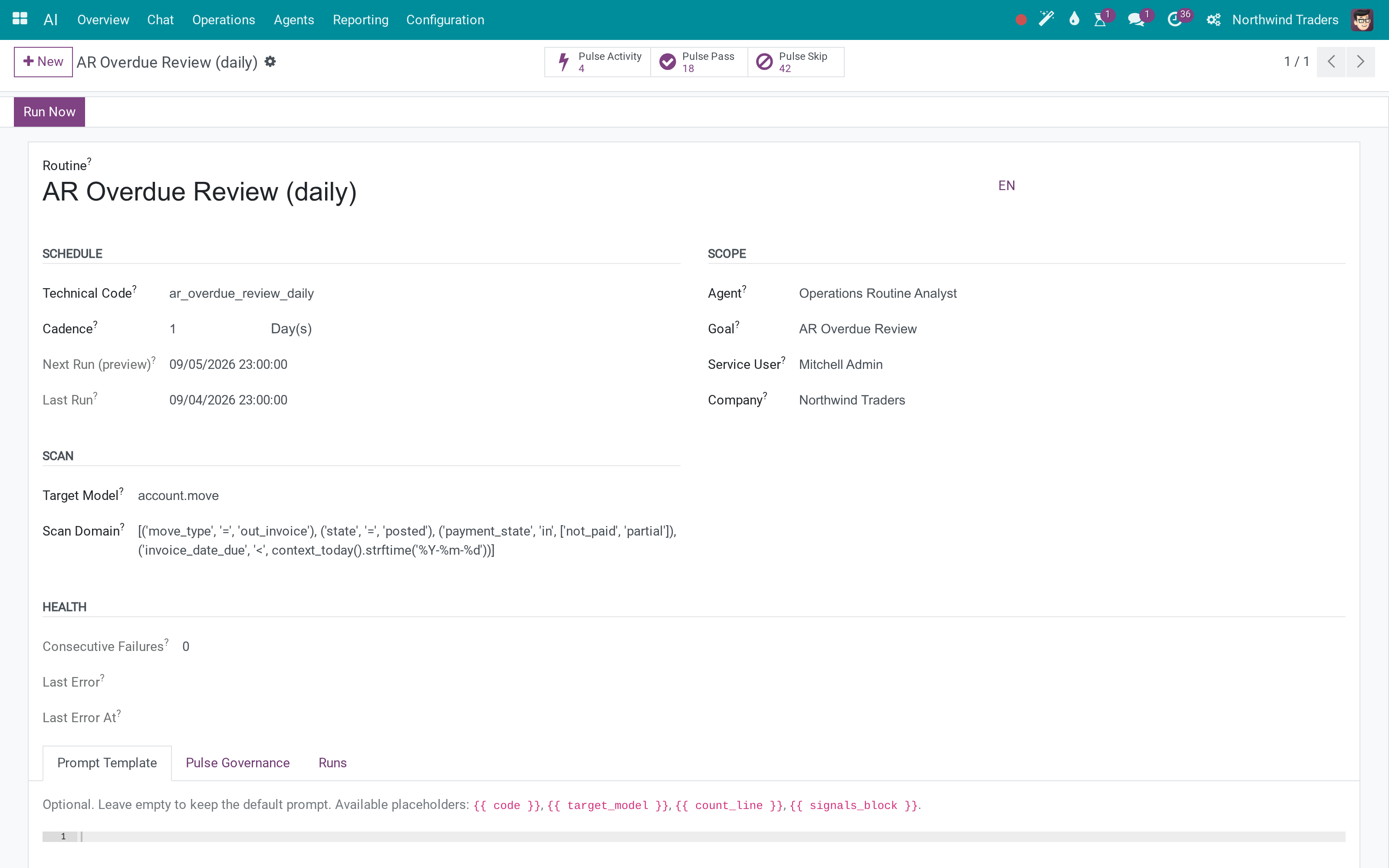Work routines: the AI reviews your data on a schedule, under a nominated user, and writes a brief